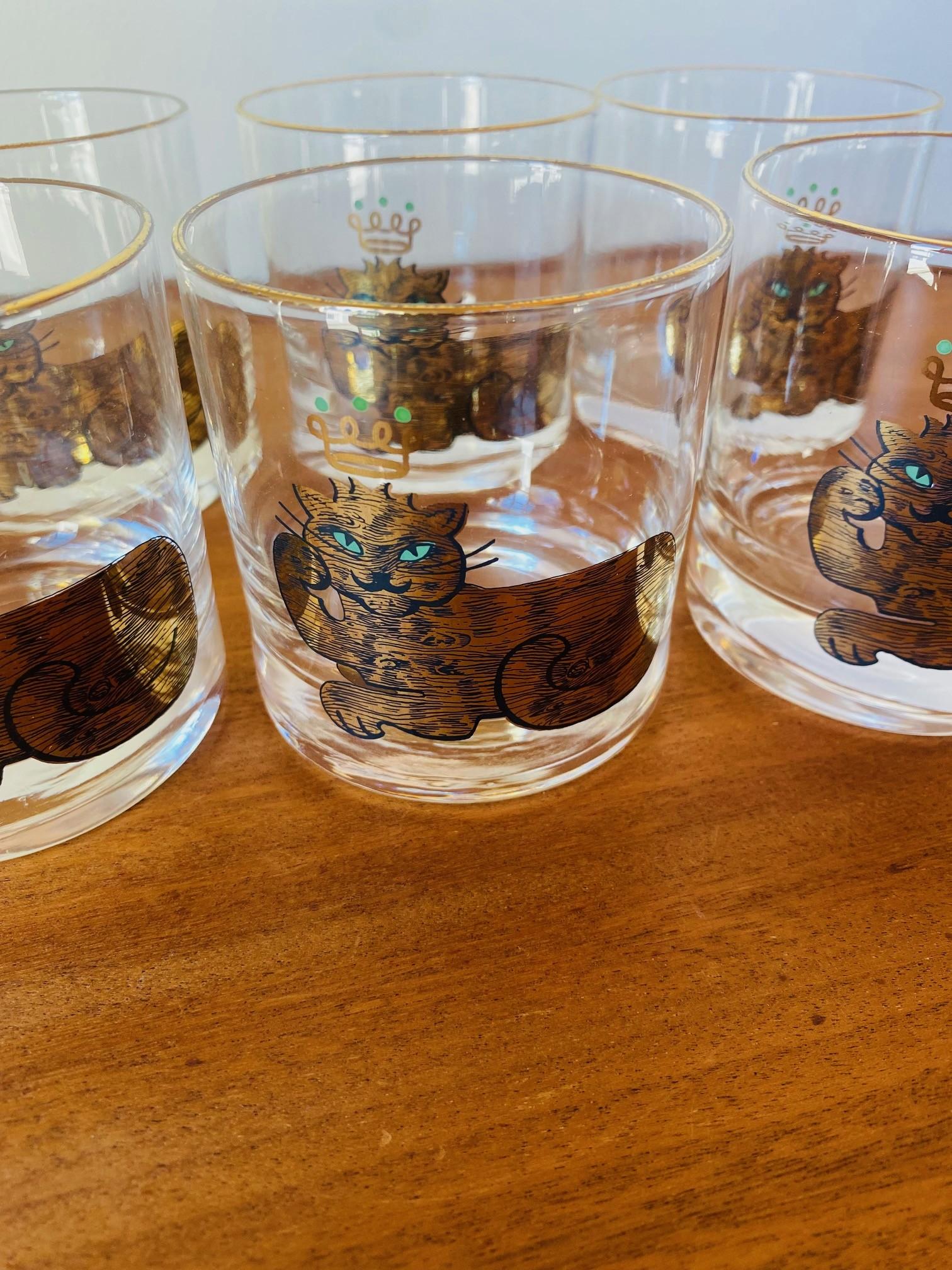 American Mid Century Rare Couroc King Cat Lowball Glasses Set of 6