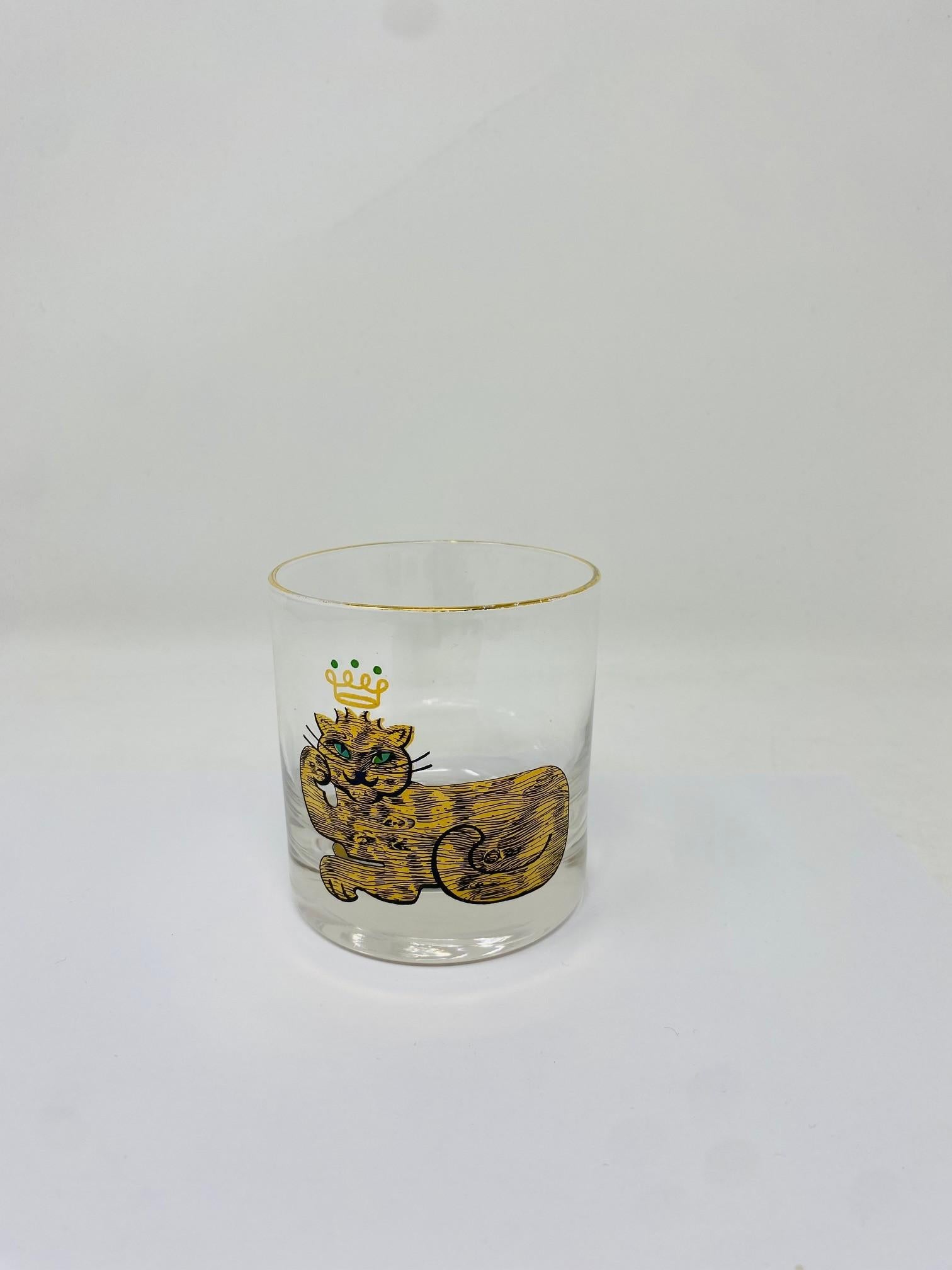 Hand-Crafted Mid Century Rare Couroc King Cat Lowball Glasses Set of 6