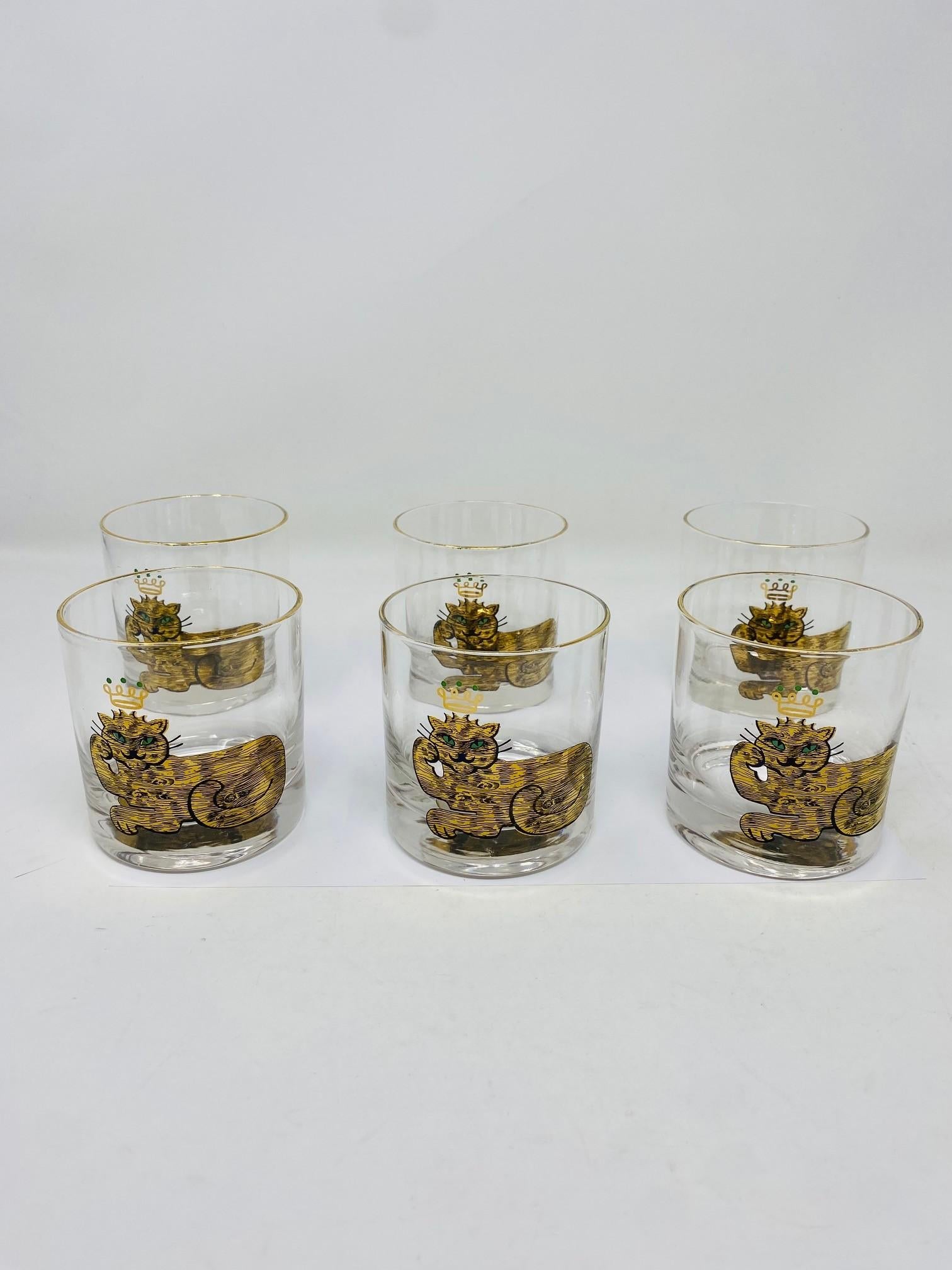 Mid Century Rare Couroc King Cat Lowball Glasses Set of 6 In Good Condition In San Diego, CA