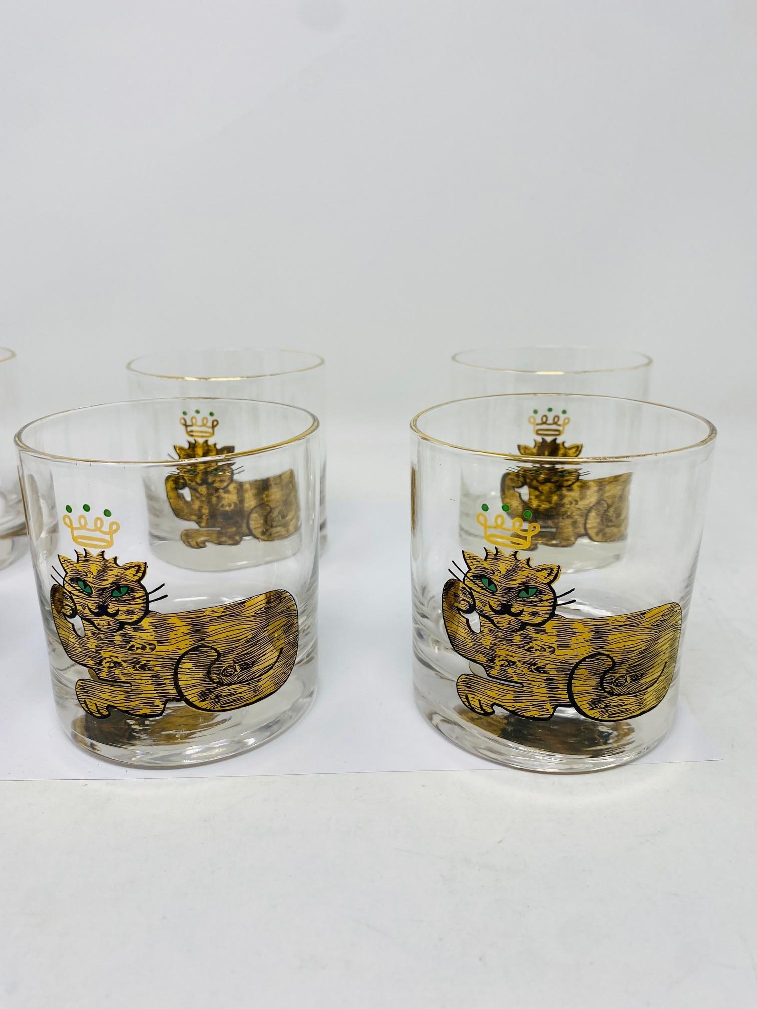 Mid-20th Century Mid Century Rare Couroc King Cat Lowball Glasses Set of 6