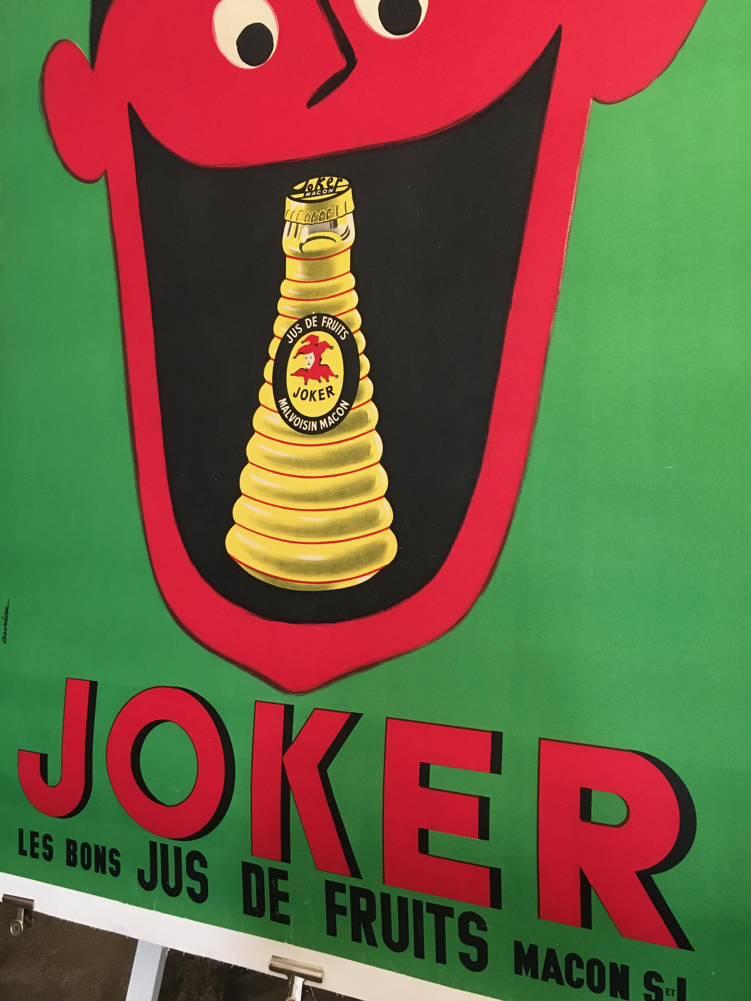 Midcentury rare French original vintage fruit-juice poster, 'Joker', 1957.

An original vintage poster advertising a fruit juice, this poster is rare as it was mainly printed with a blue background, the rare green background is now hard to come