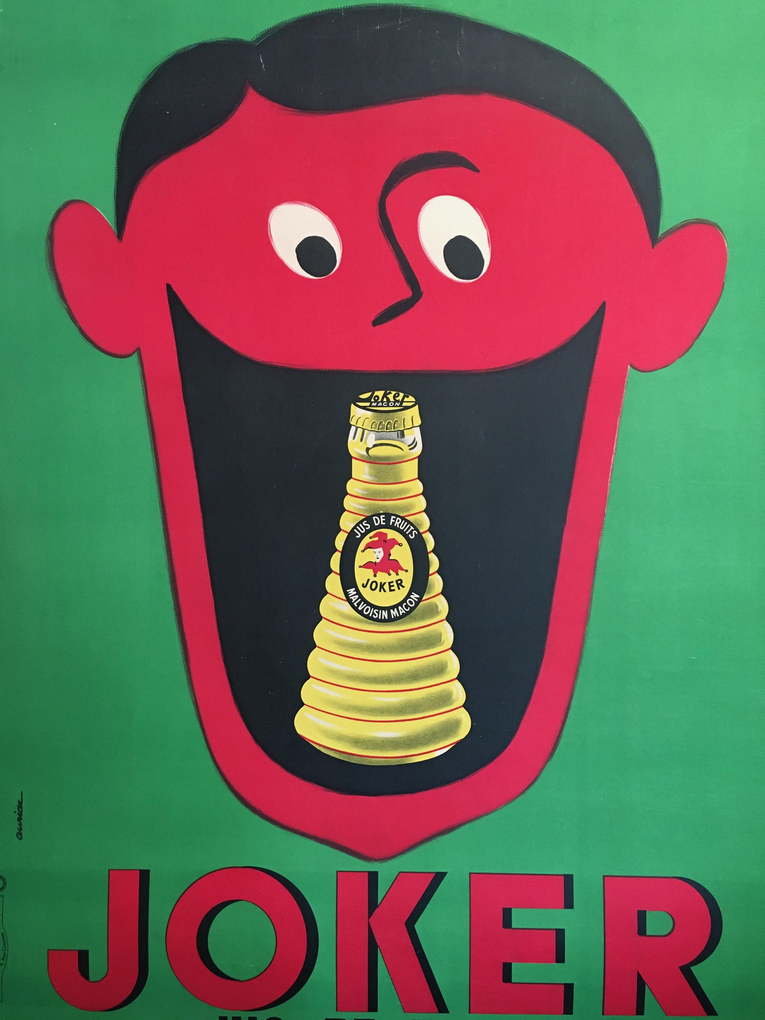 International Style Midcentury Rare French Original Vintage Fruit-Juice Poster, 'Joker', 1957