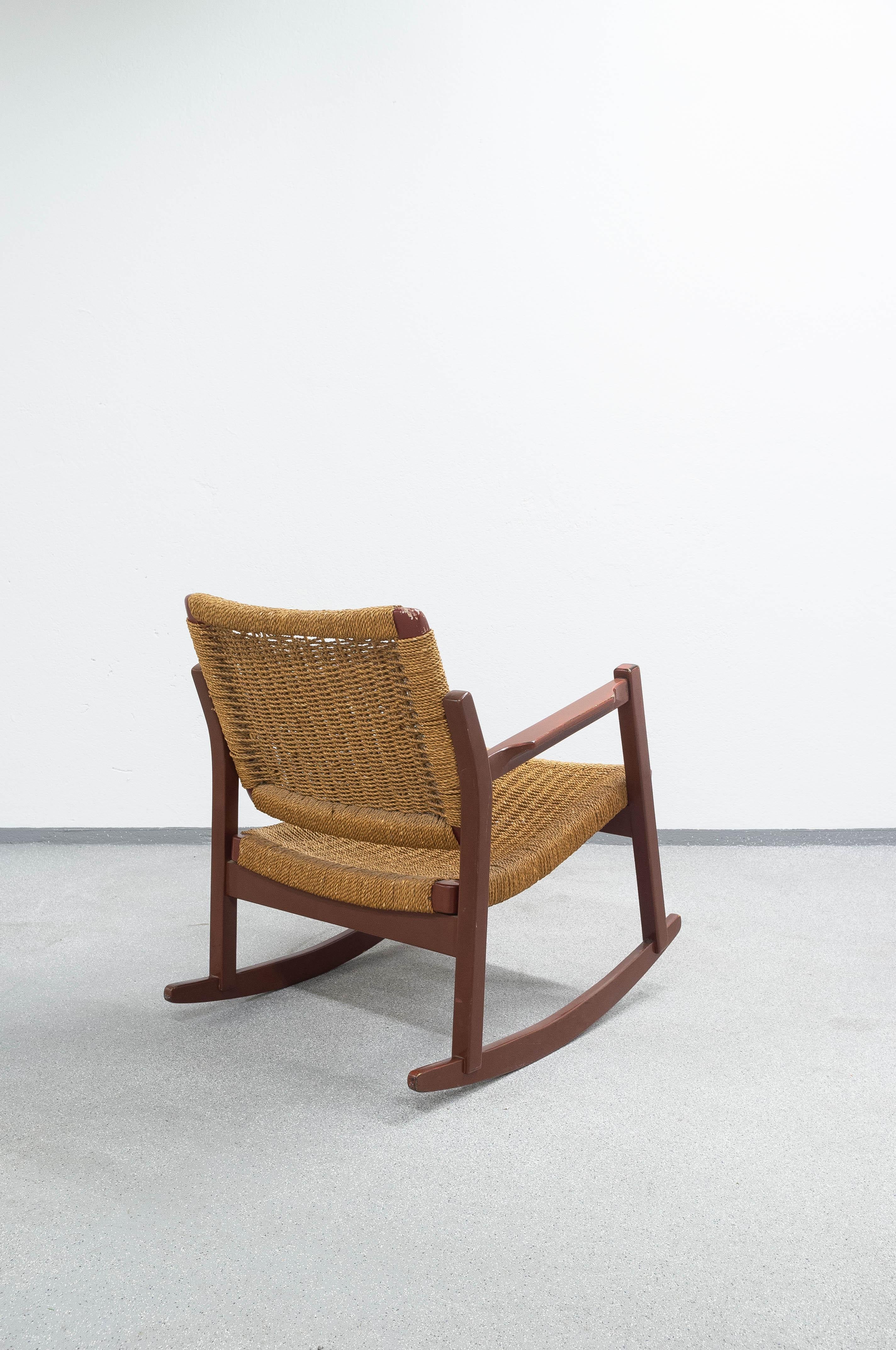 Norwegian Midcentury Rare Hemp Woven Rocking Chair by Alf Sture