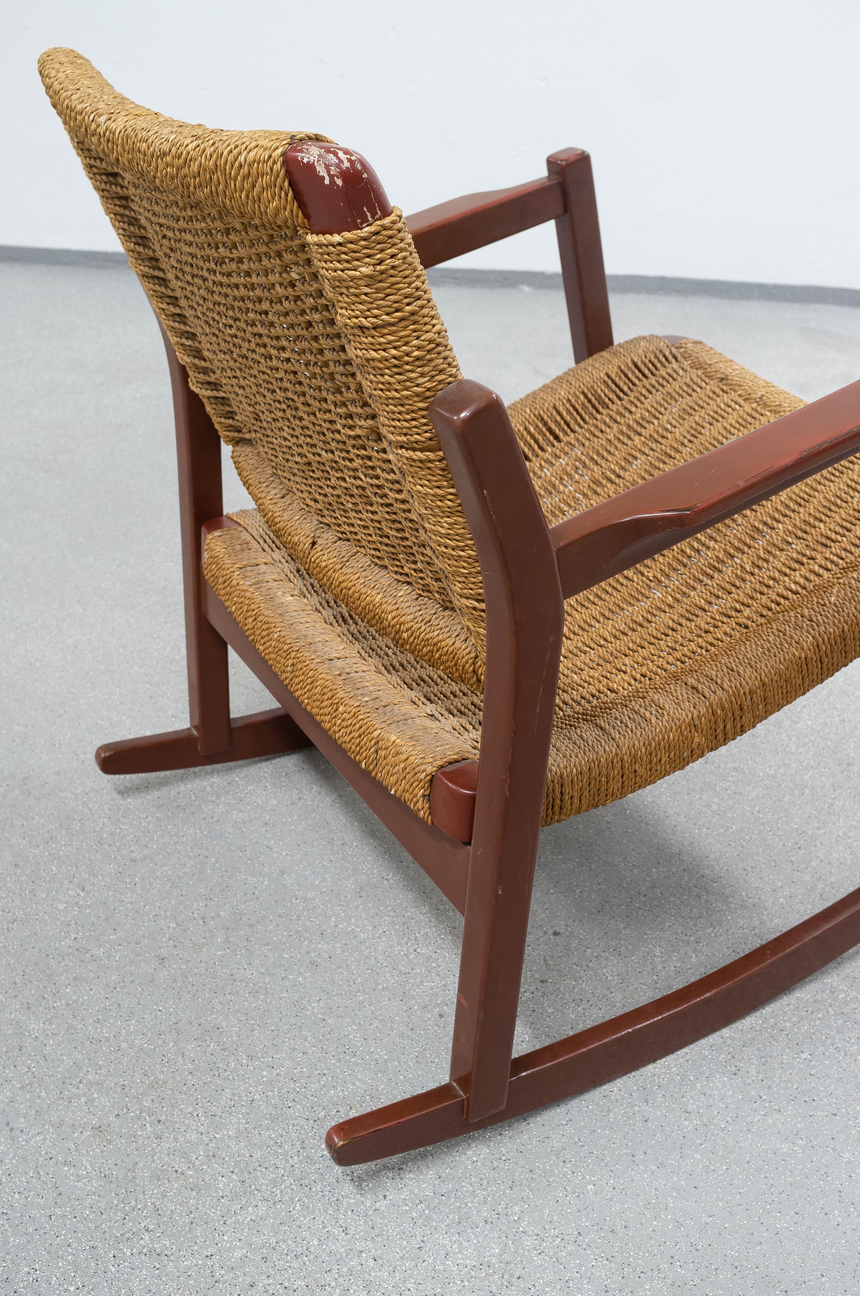 Lacquered Midcentury Rare Hemp Woven Rocking Chair by Alf Sture