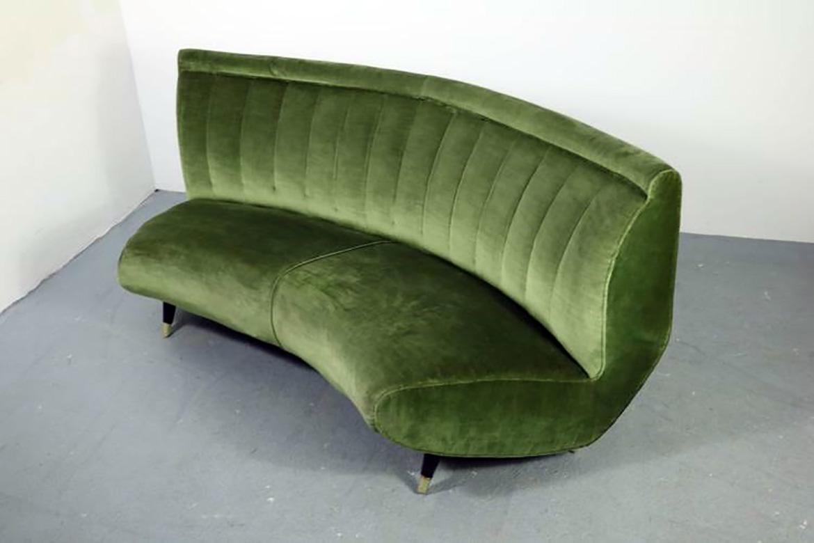 Italian Giulia Veronesi for ISA Rare Green Curved Channel Back Velvet Sofa, Italy, 1950s