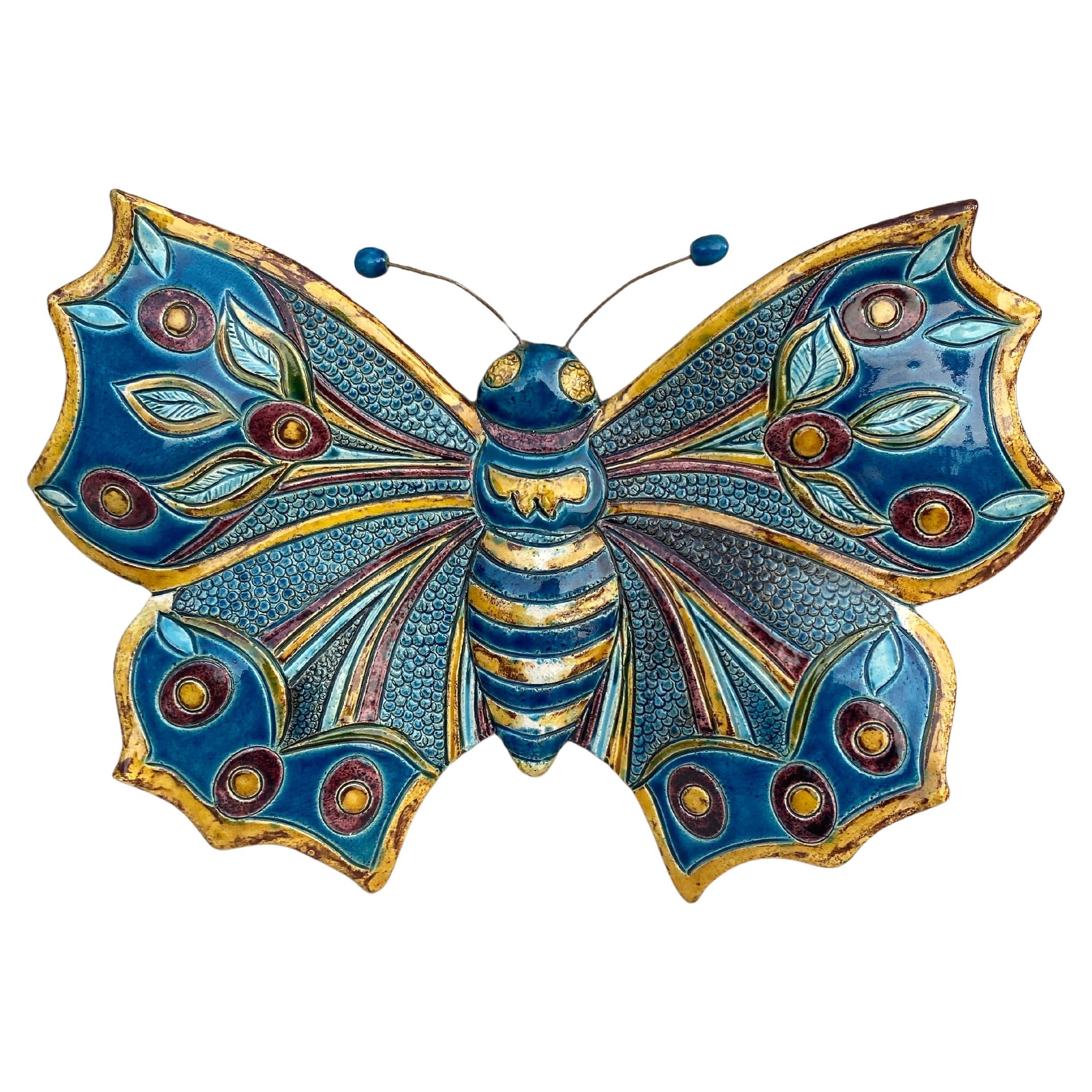 Mid-Century Rare Large Wall Majolica Butterfly Perret Cordes