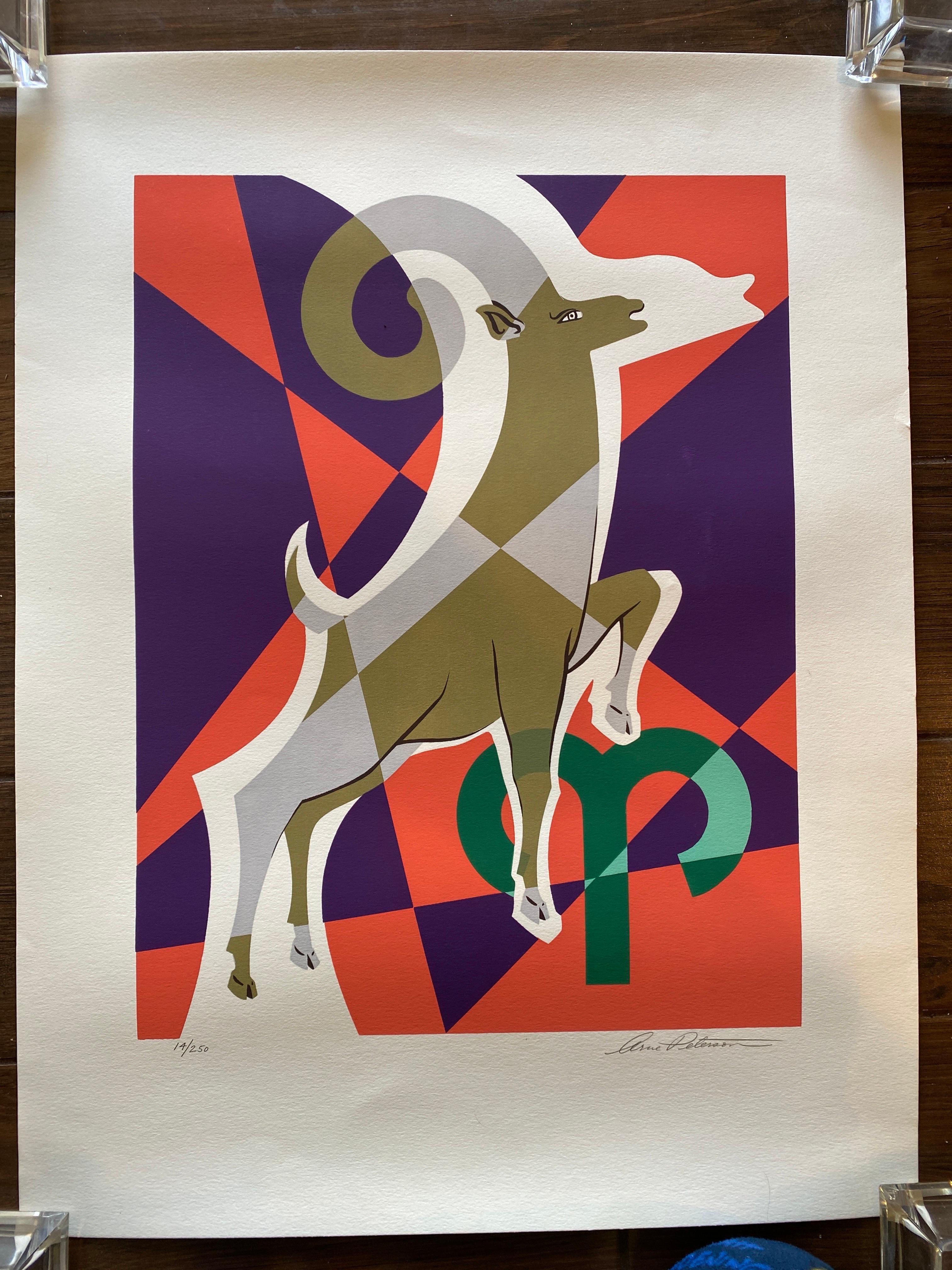 So proud to offer this Rare complete set of all 12 signs of the zodiac. Each piece is signed and numbered. The artist is Arne Peterson. We are not sure if these were printed in the late 50s or 60s. There is no date on the hand printed silkscreens.