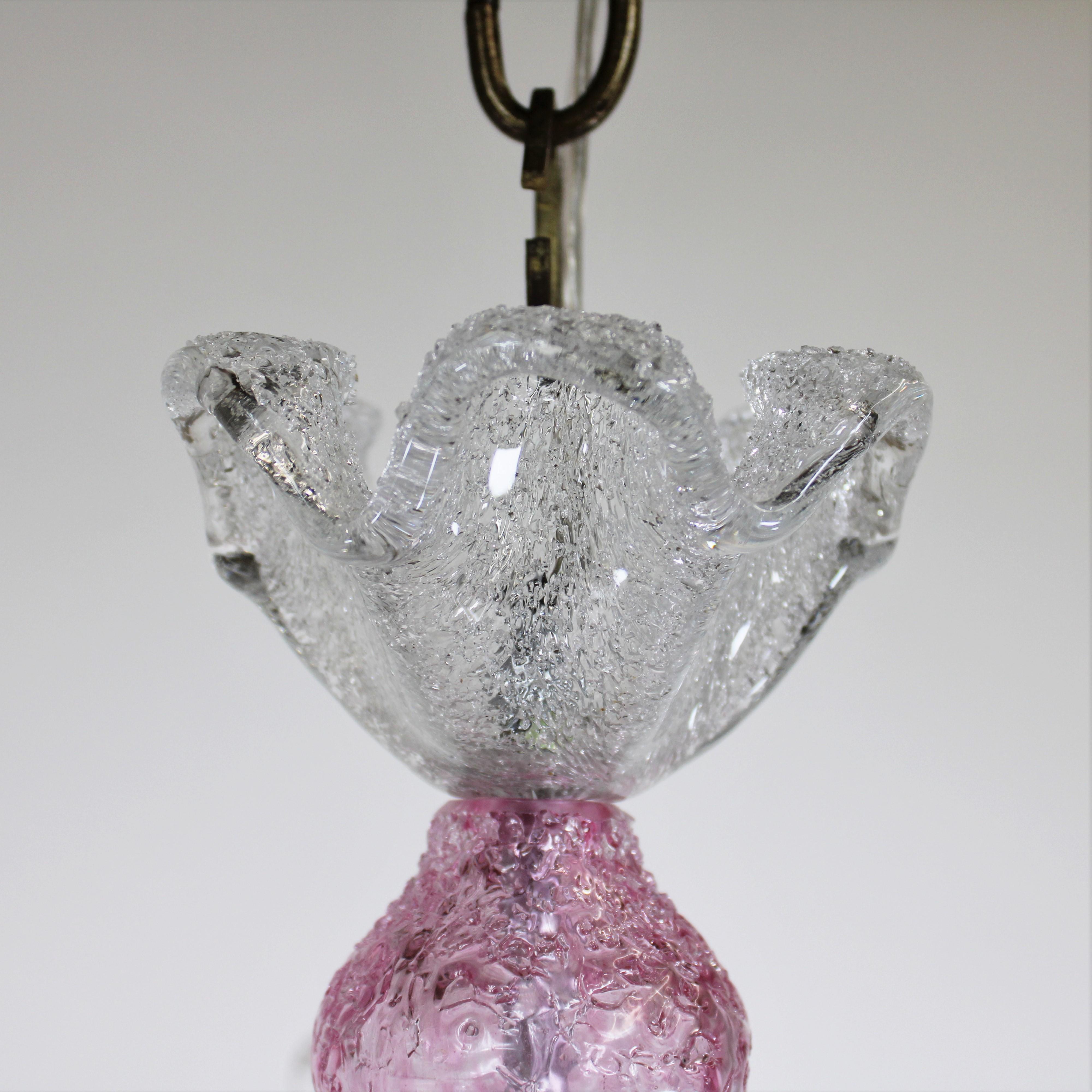 Mid-Century Raspberry Pink Pulveri Murano Frond Ceiling Light with Rigaree Trim For Sale 2