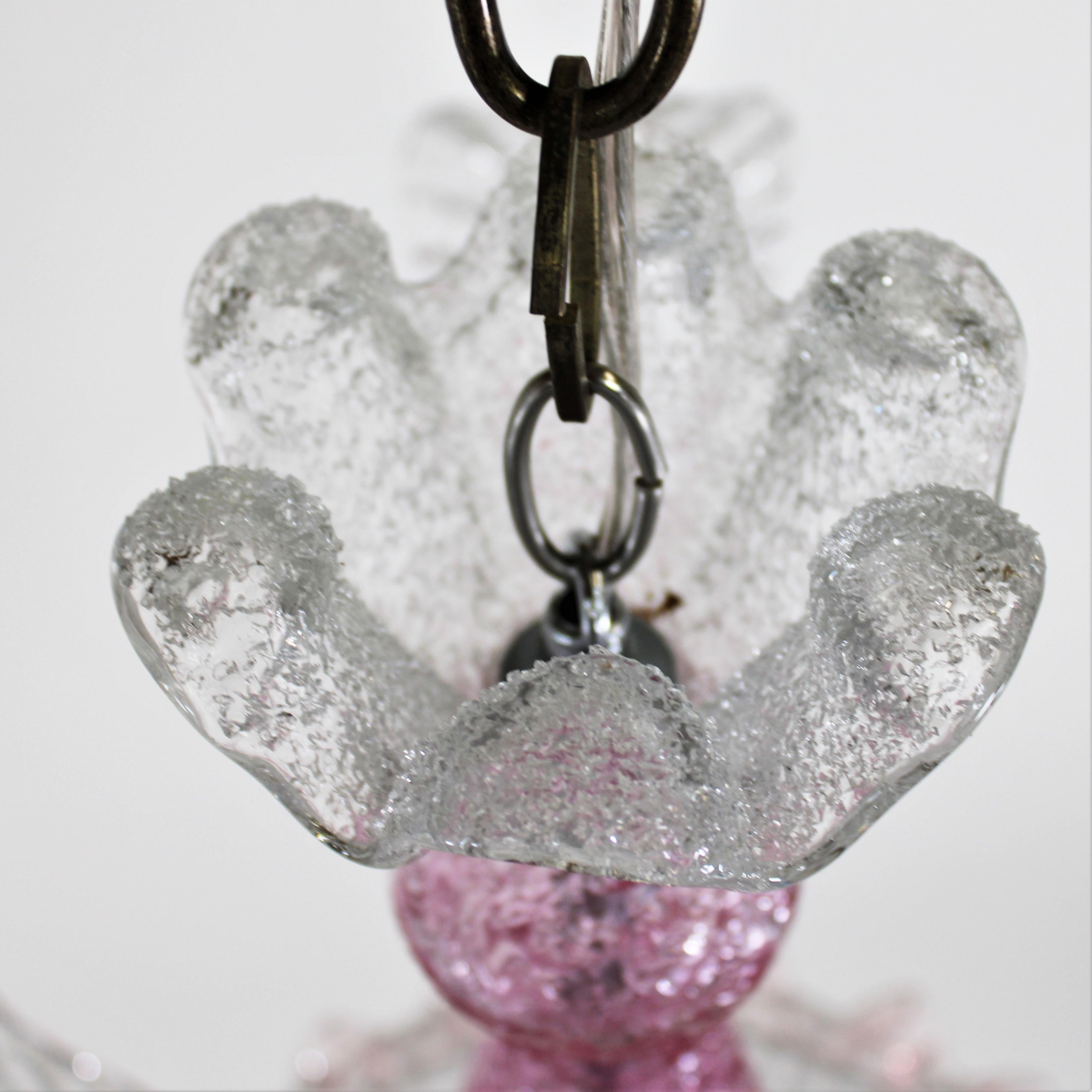 Mid-Century Raspberry Pink Pulveri Murano Frond Ceiling Light with Rigaree Trim For Sale 3
