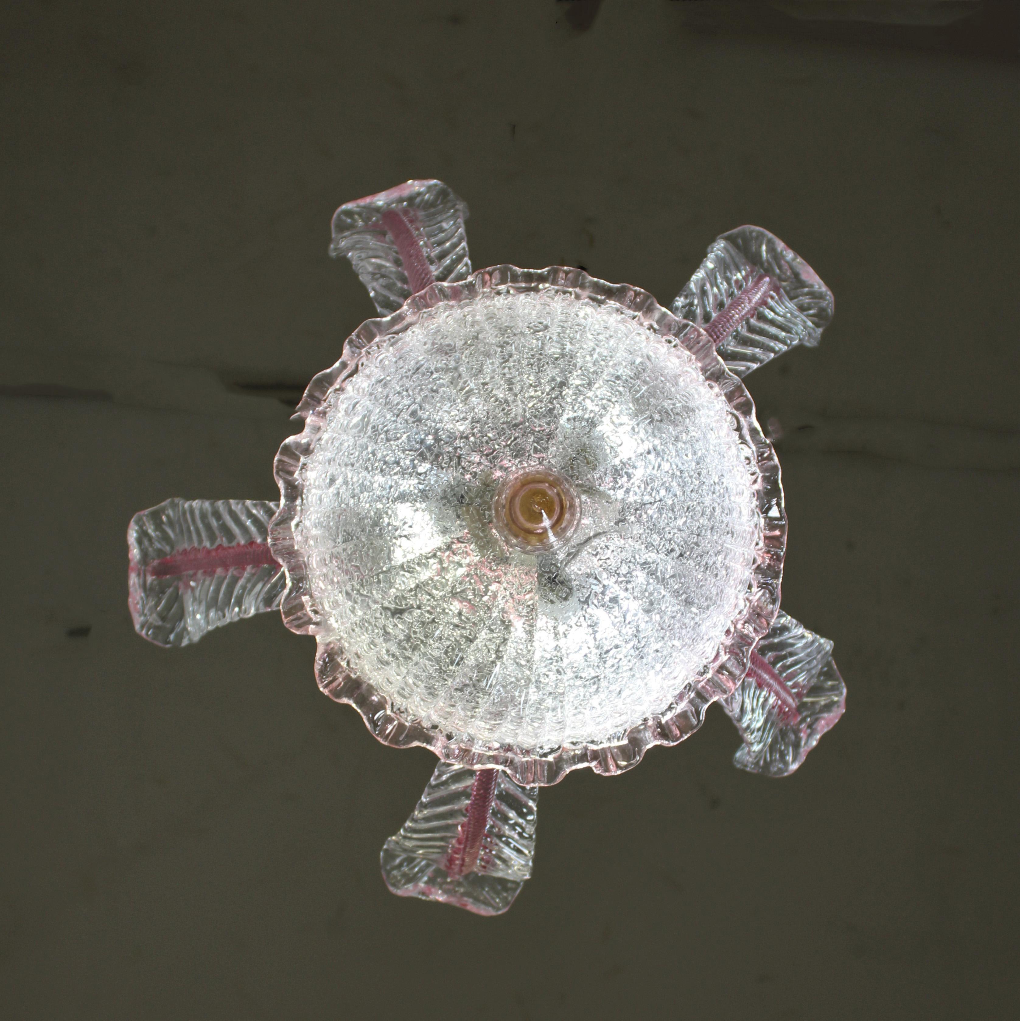 Mid-Century Raspberry Pink Pulveri Murano Frond Ceiling Light with Rigaree Trim For Sale 4