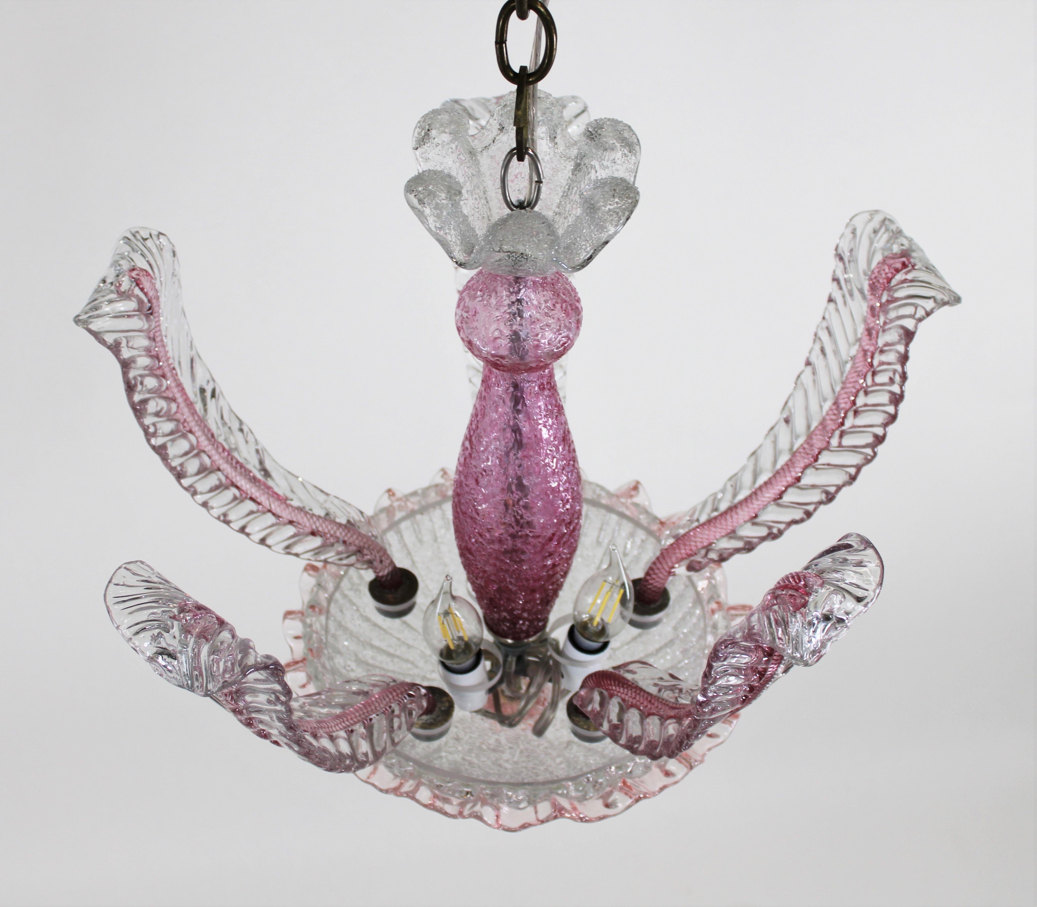 Mid-Century Raspberry Pink Pulveri Murano Frond Ceiling Light with Rigaree Trim For Sale 7