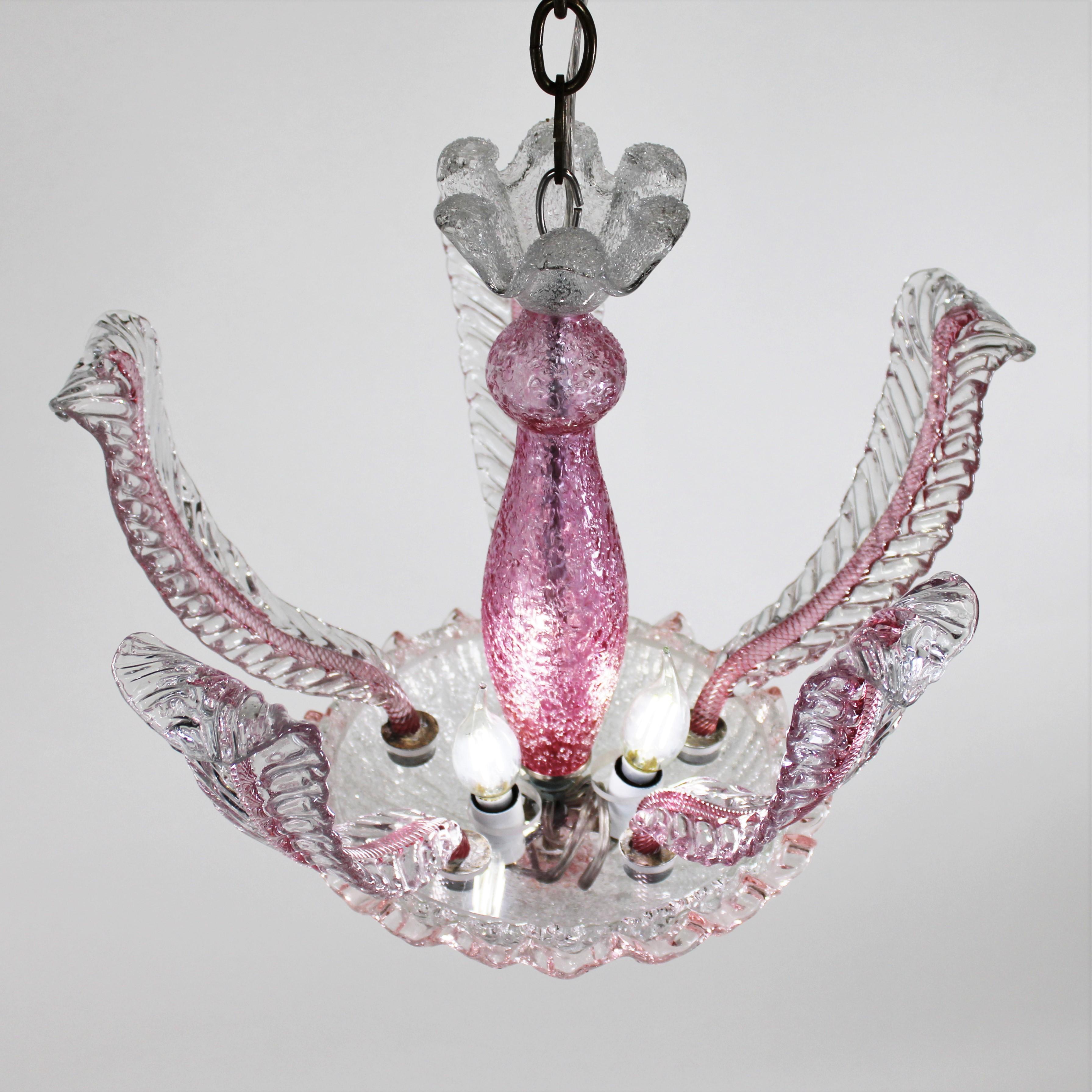Mid-Century Raspberry Pink Pulveri Murano Frond Ceiling Light with Rigaree Trim For Sale 8