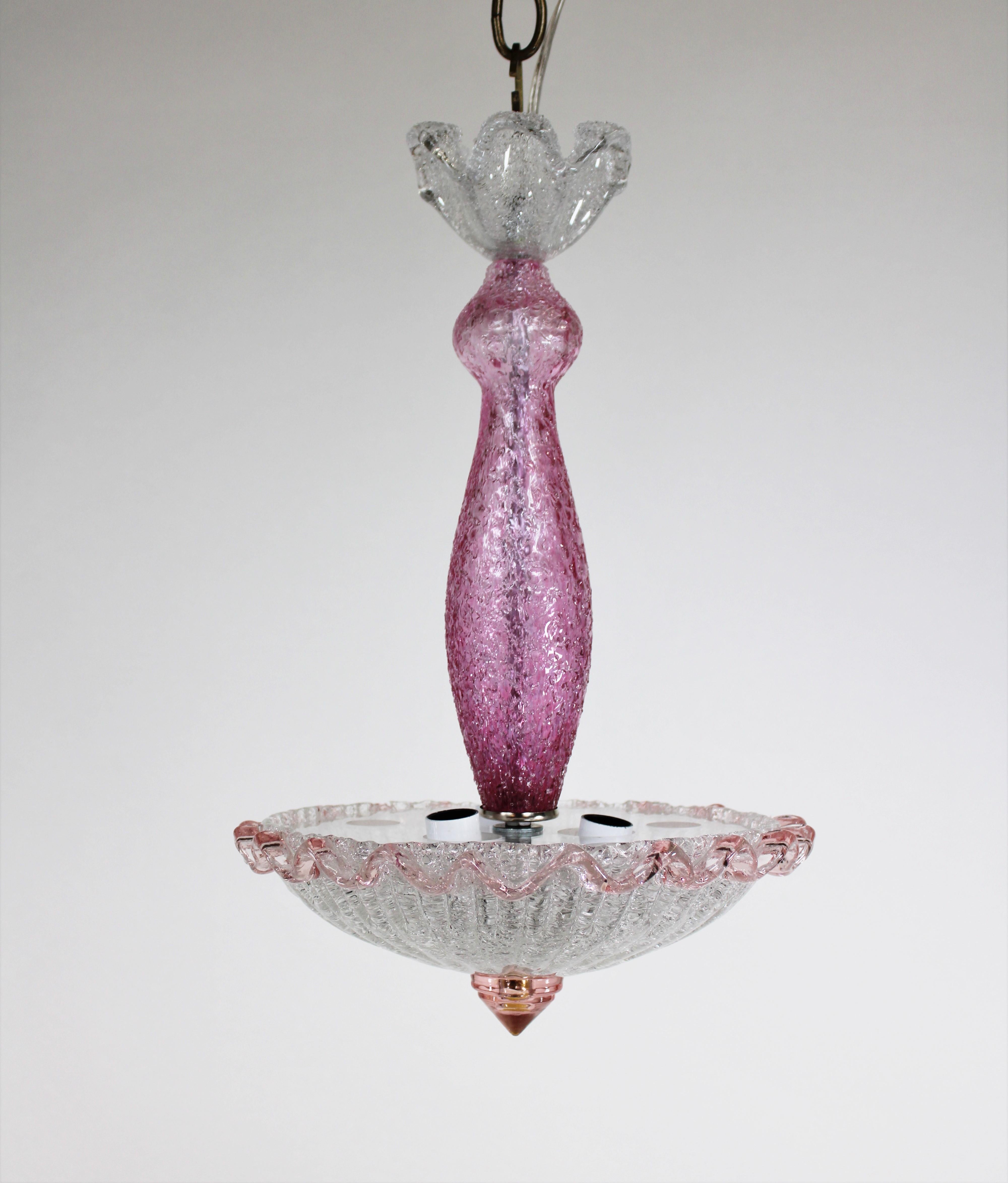 Mid-Century Raspberry Pink Pulveri Murano Frond Ceiling Light with Rigaree Trim For Sale 9