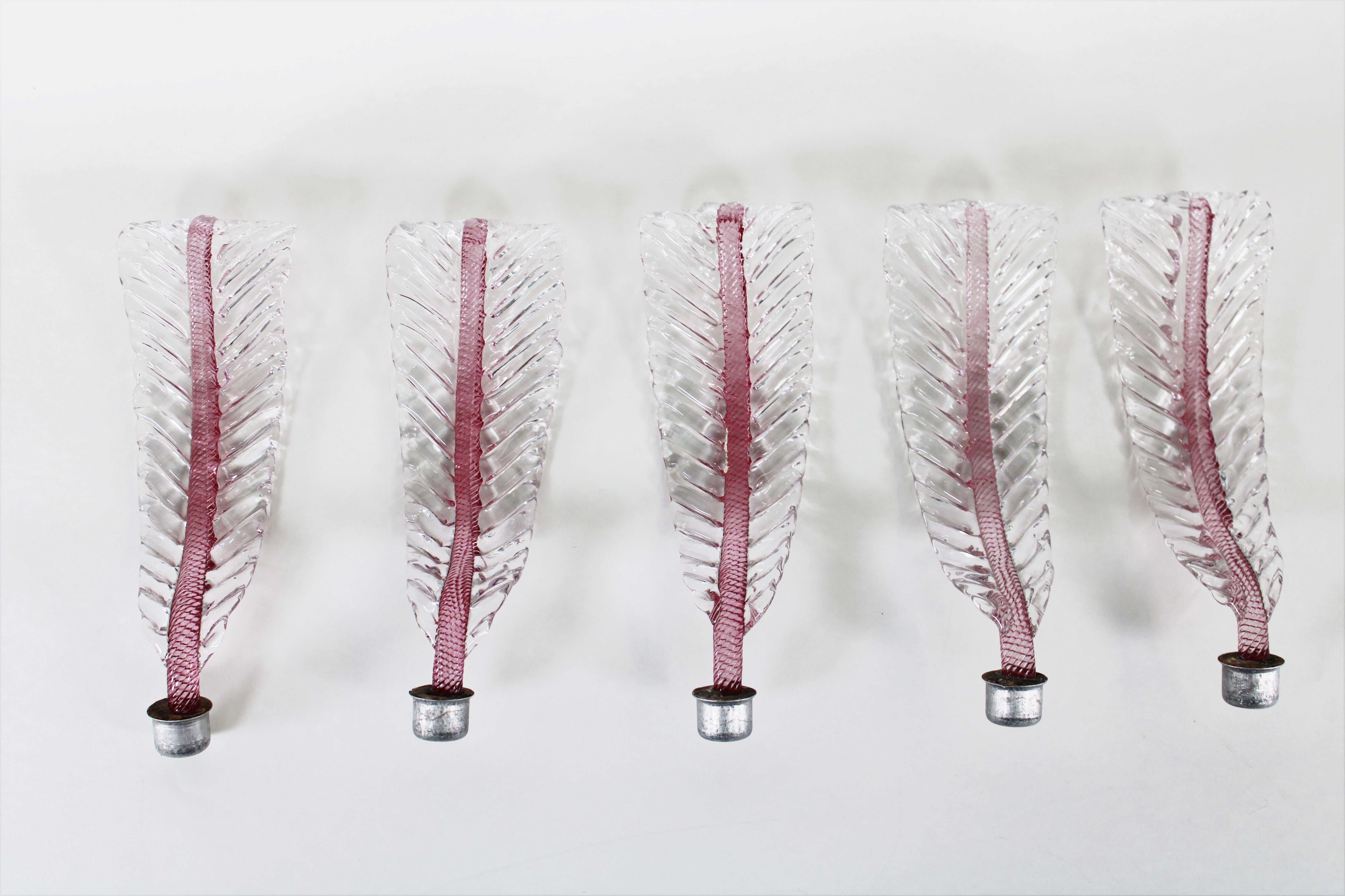 Mid-Century Raspberry Pink Pulveri Murano Frond Ceiling Light with Rigaree Trim For Sale 11