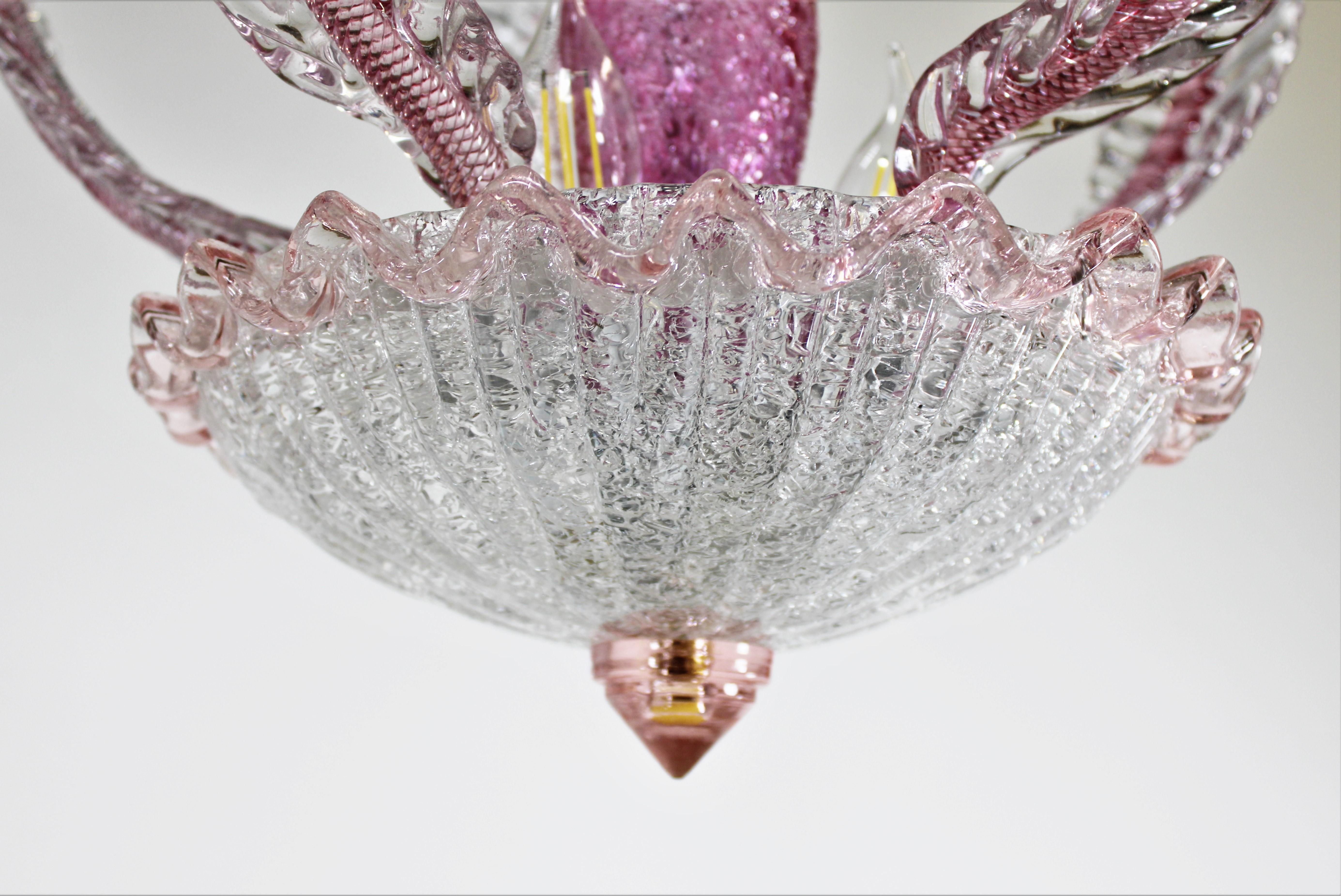 Mid-Century Modern Mid-Century Raspberry Pink Pulveri Murano Frond Ceiling Light with Rigaree Trim For Sale