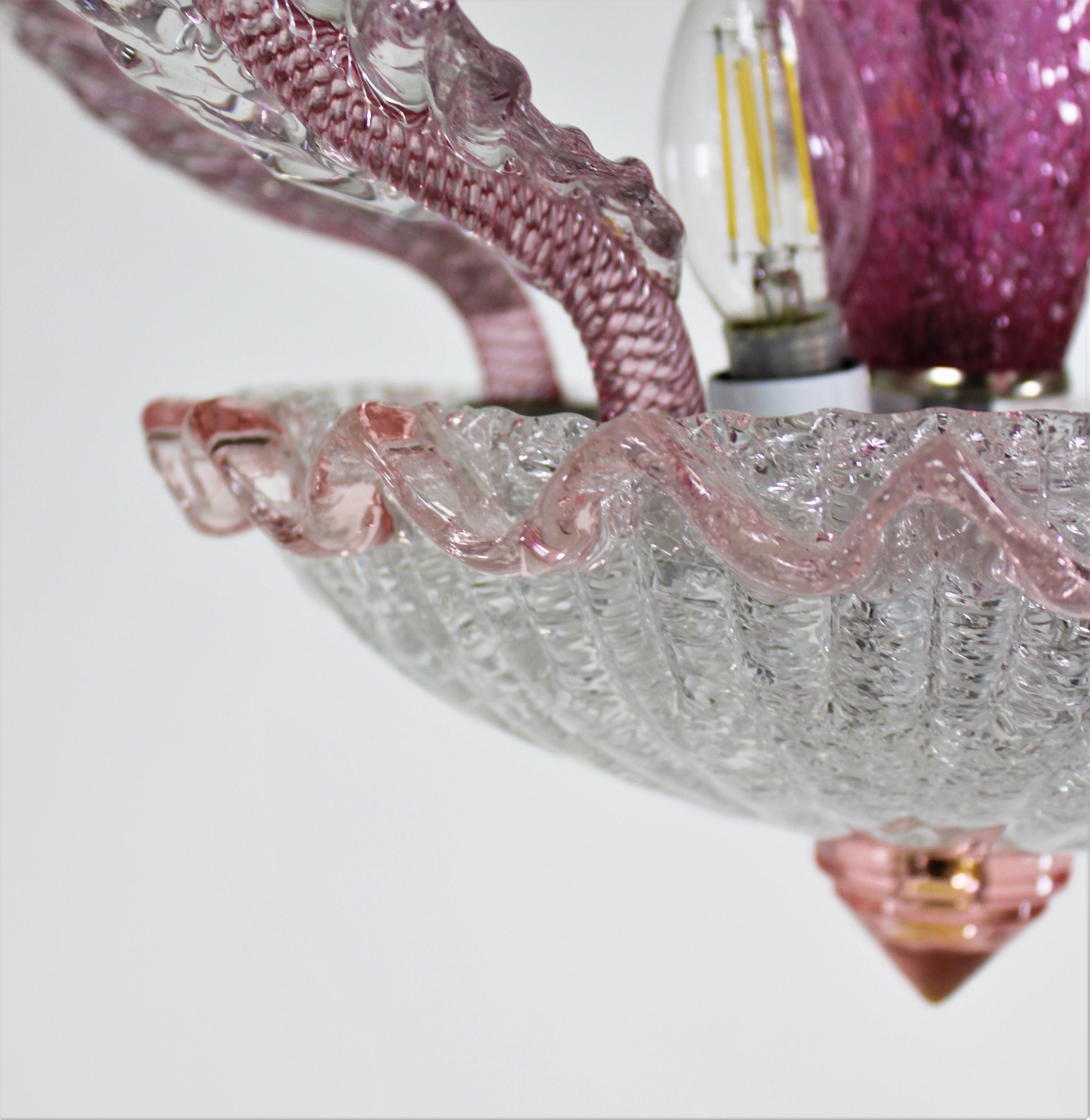 European Mid-Century Raspberry Pink Pulveri Murano Frond Ceiling Light with Rigaree Trim For Sale