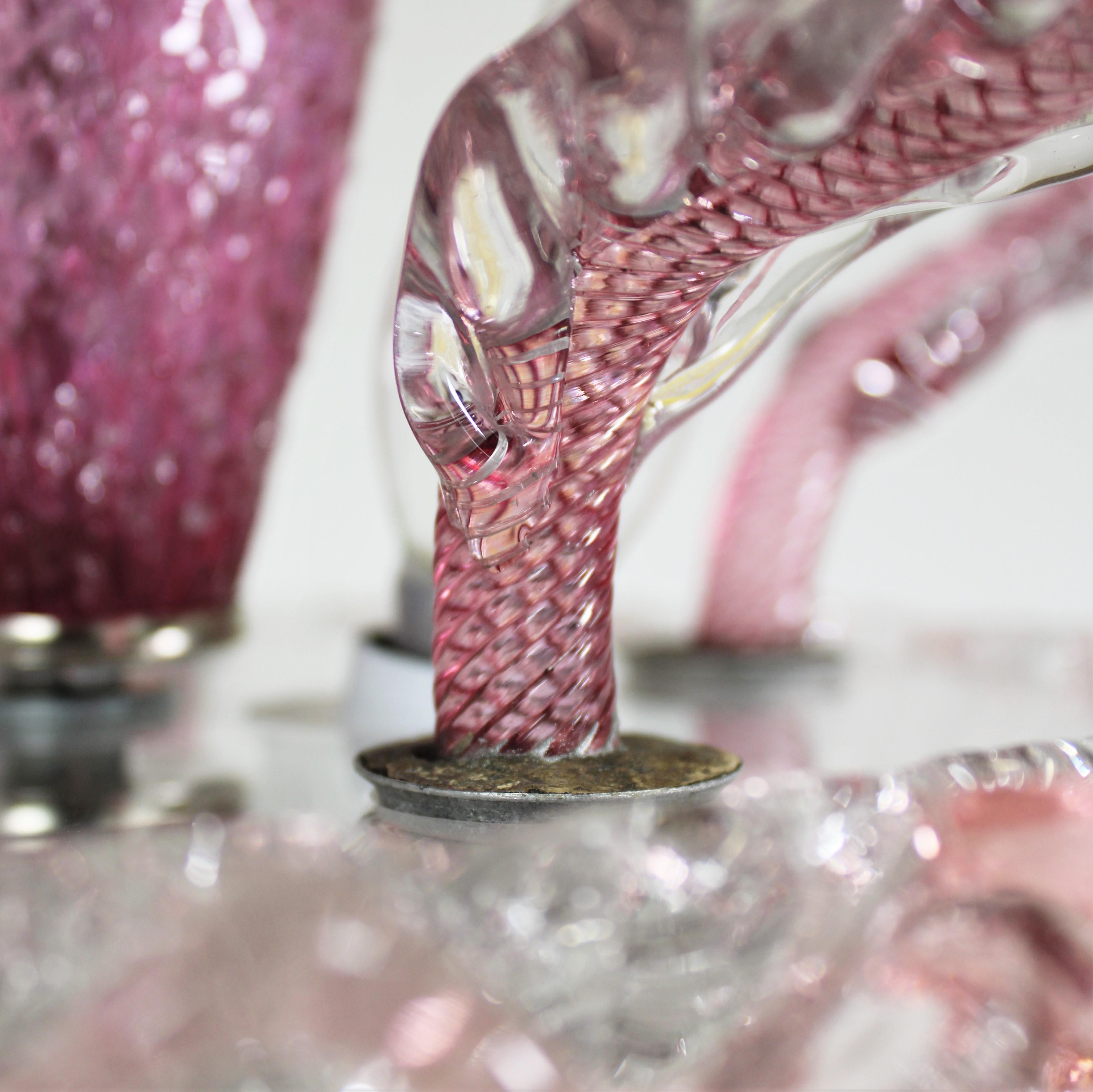 Hand-Crafted Mid-Century Raspberry Pink Pulveri Murano Frond Ceiling Light with Rigaree Trim For Sale