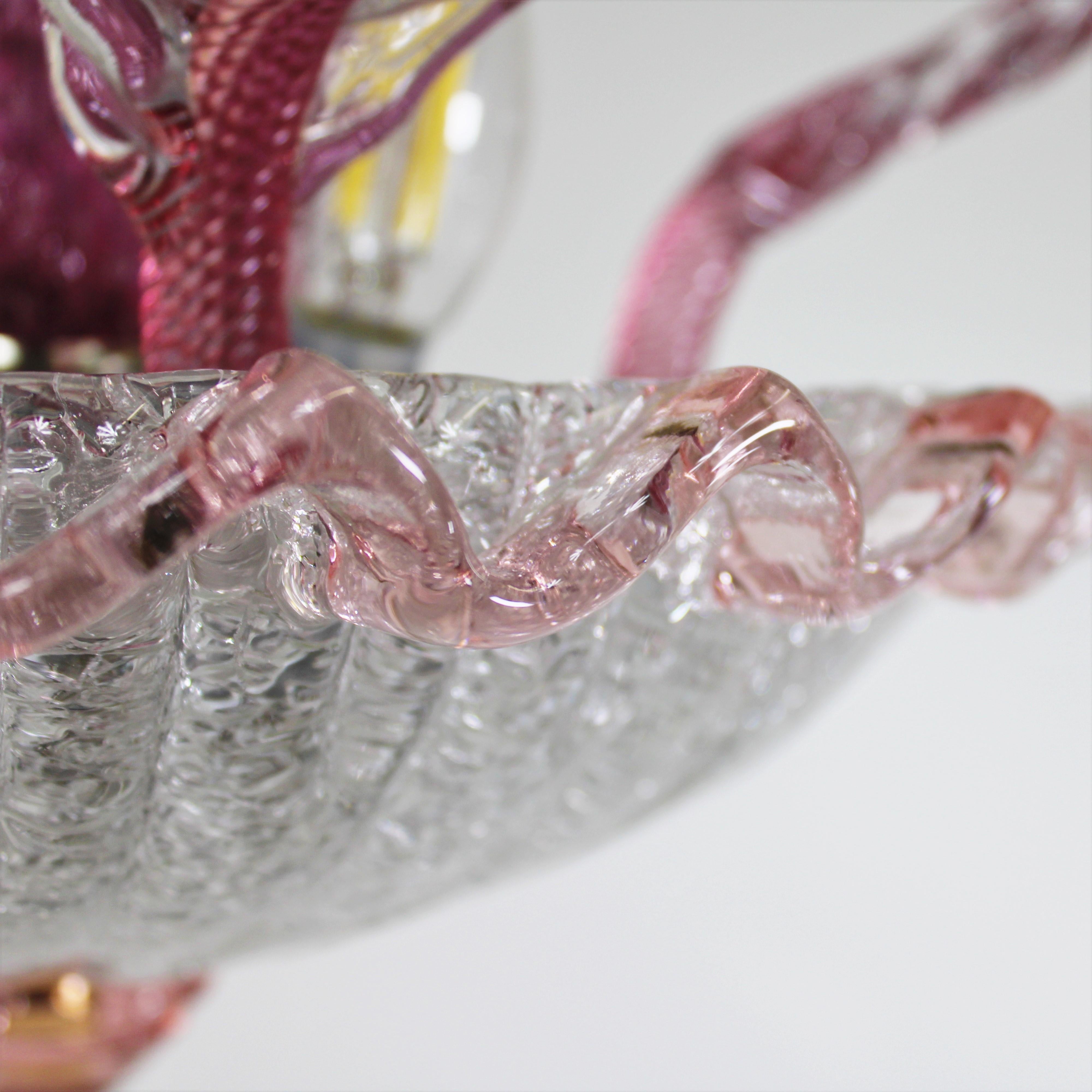 Mid-Century Raspberry Pink Pulveri Murano Frond Ceiling Light with Rigaree Trim In Good Condition For Sale In Chicago, IL