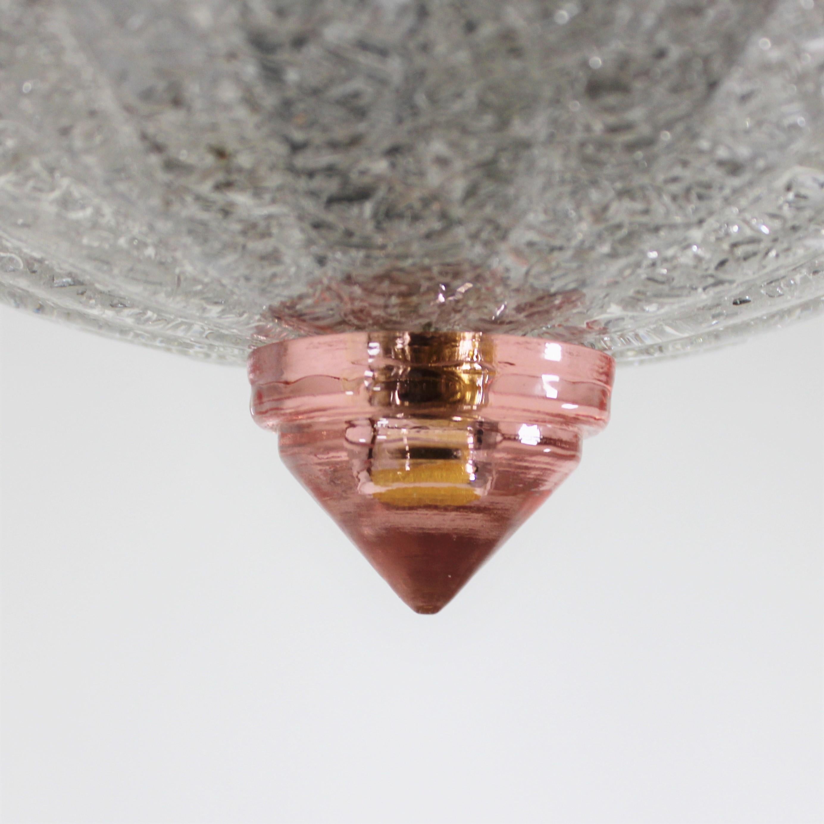 20th Century Mid-Century Raspberry Pink Pulveri Murano Frond Ceiling Light with Rigaree Trim For Sale