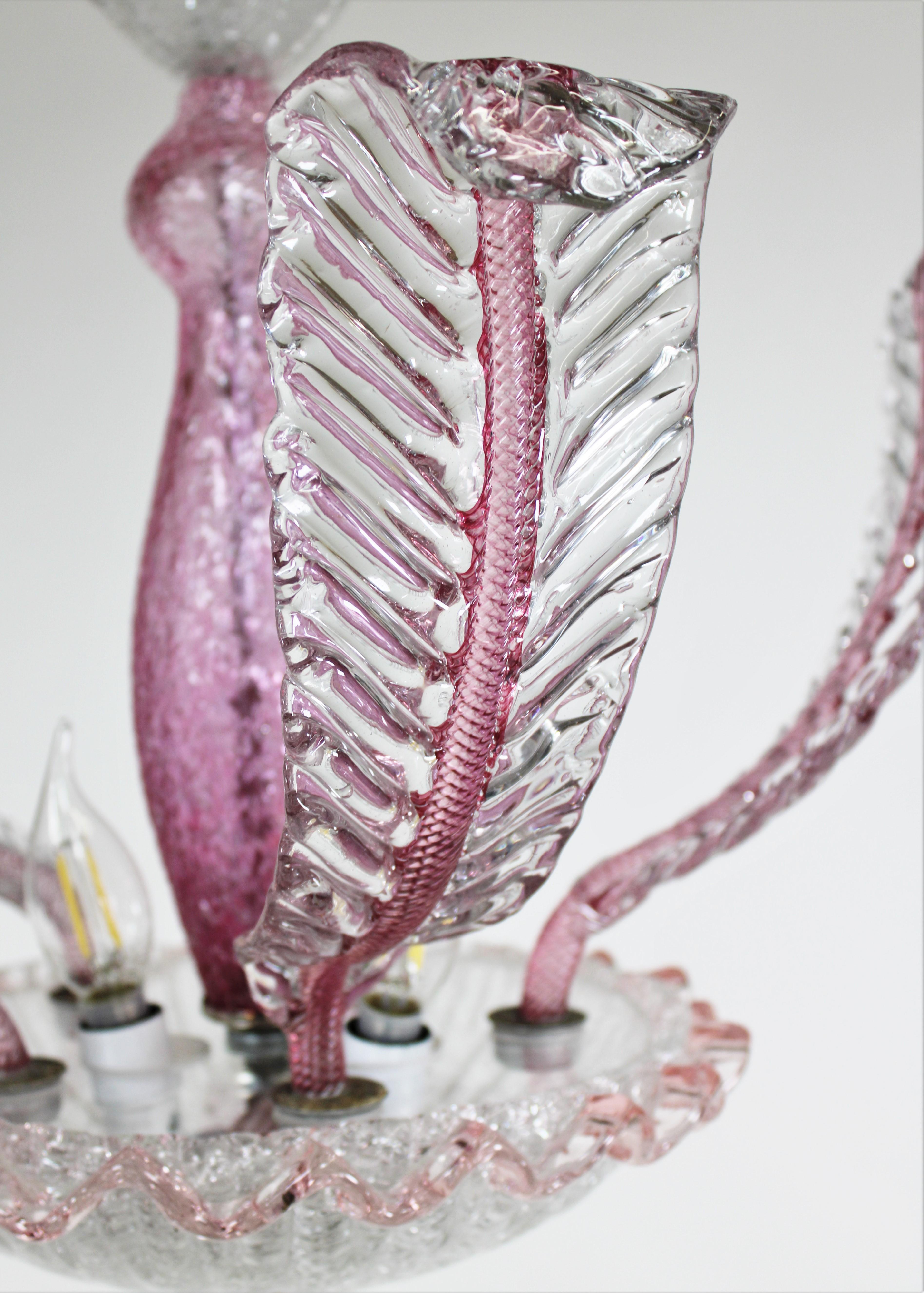 Murano Glass Mid-Century Raspberry Pink Pulveri Murano Frond Ceiling Light with Rigaree Trim For Sale