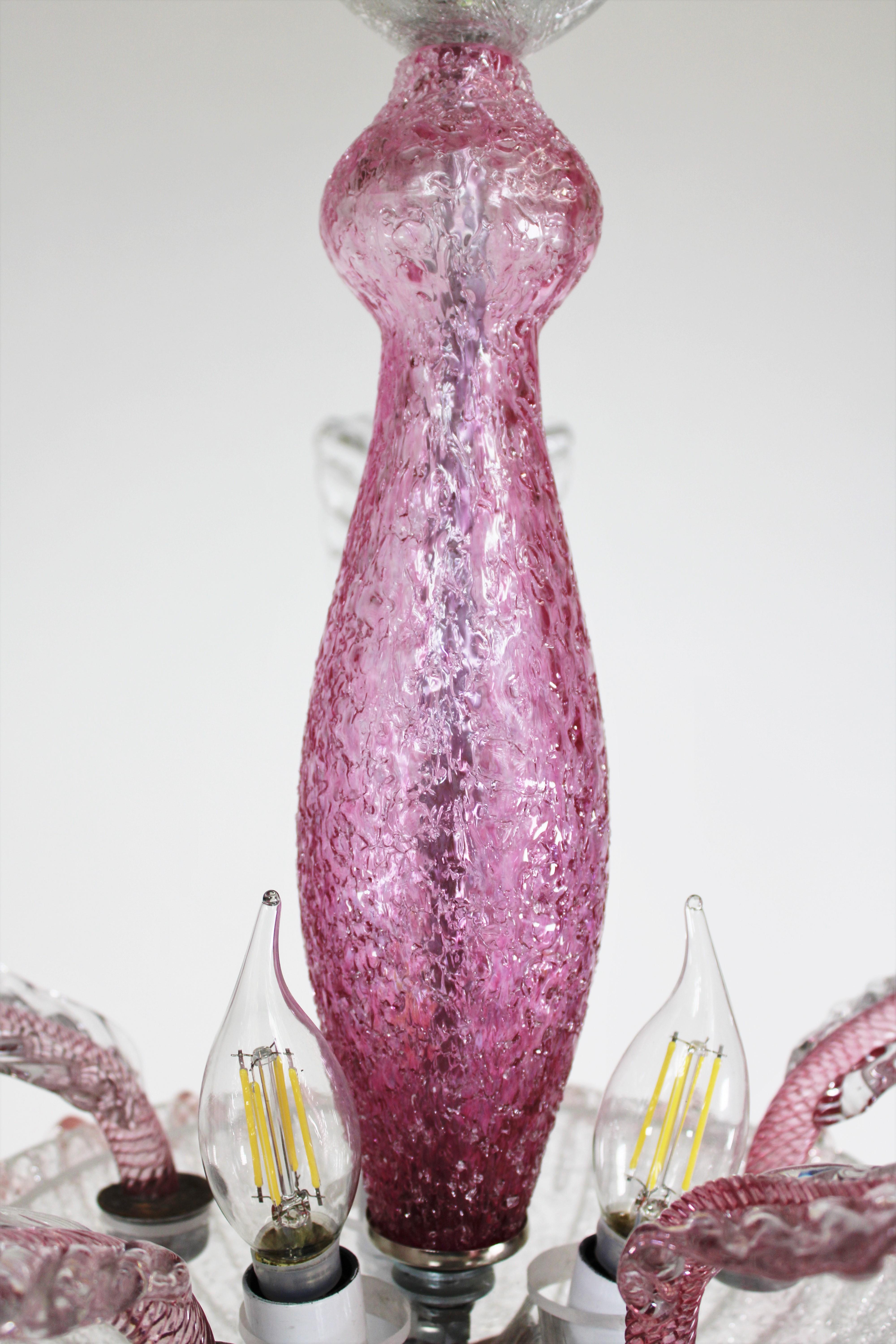 Mid-Century Raspberry Pink Pulveri Murano Frond Ceiling Light with Rigaree Trim For Sale 1