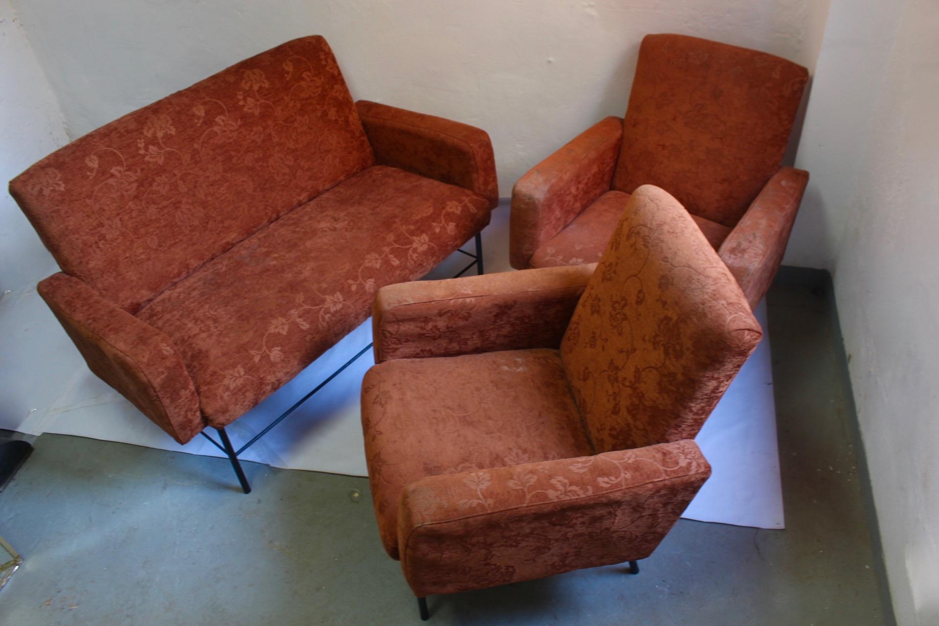   Midcentury Rationalist Living Room Lounge Armchair Set with Metal Legs, 1960s (Spanisch) im Angebot