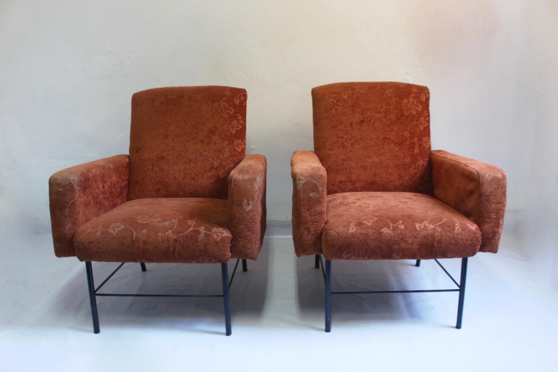   Midcentury Rationalist Living Room Lounge Armchair Set with Metal Legs, 1960s (Mitte des 20. Jahrhunderts) im Angebot