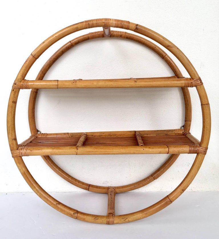 MidCentury Rattan and Wicker Wrap Round Wall Mounted Shelf Display at