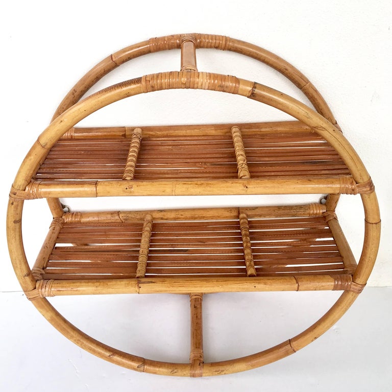 MidCentury Rattan and Wicker Wrap Round Wall Mounted Shelf Display at