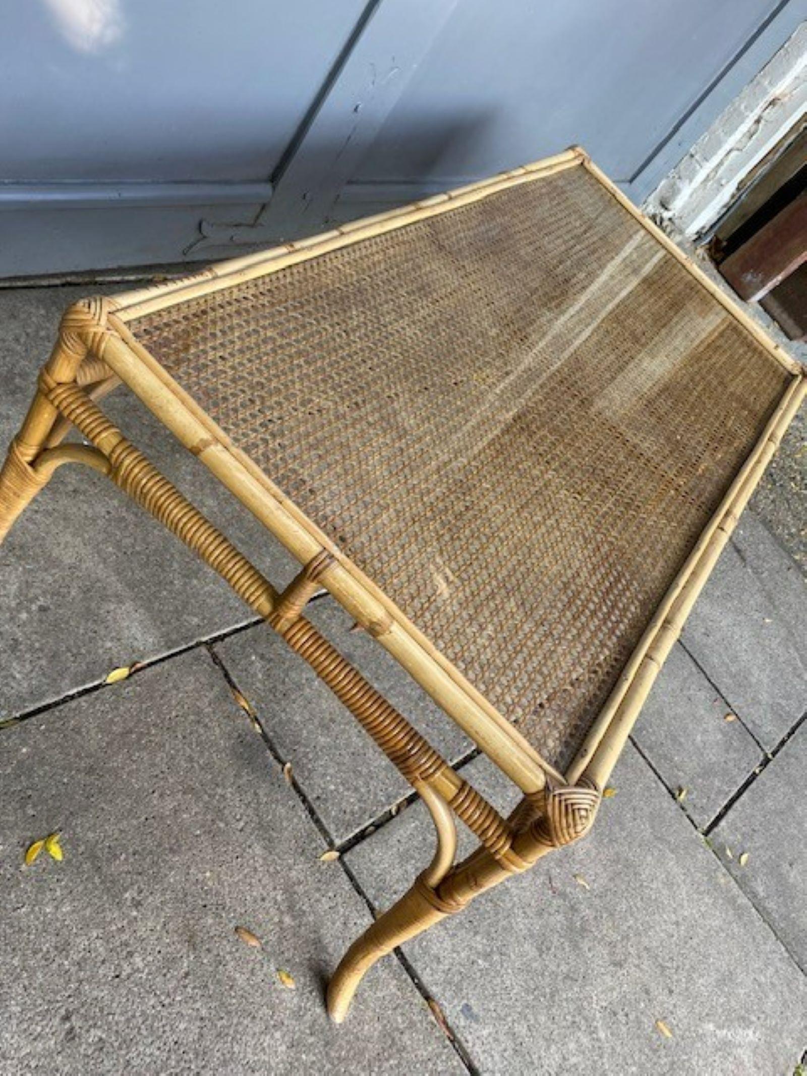 Mid-Century Modern Mid Century Rattan and Bamboo Coffee Table with Glass Top, Italian, 1970 For Sale