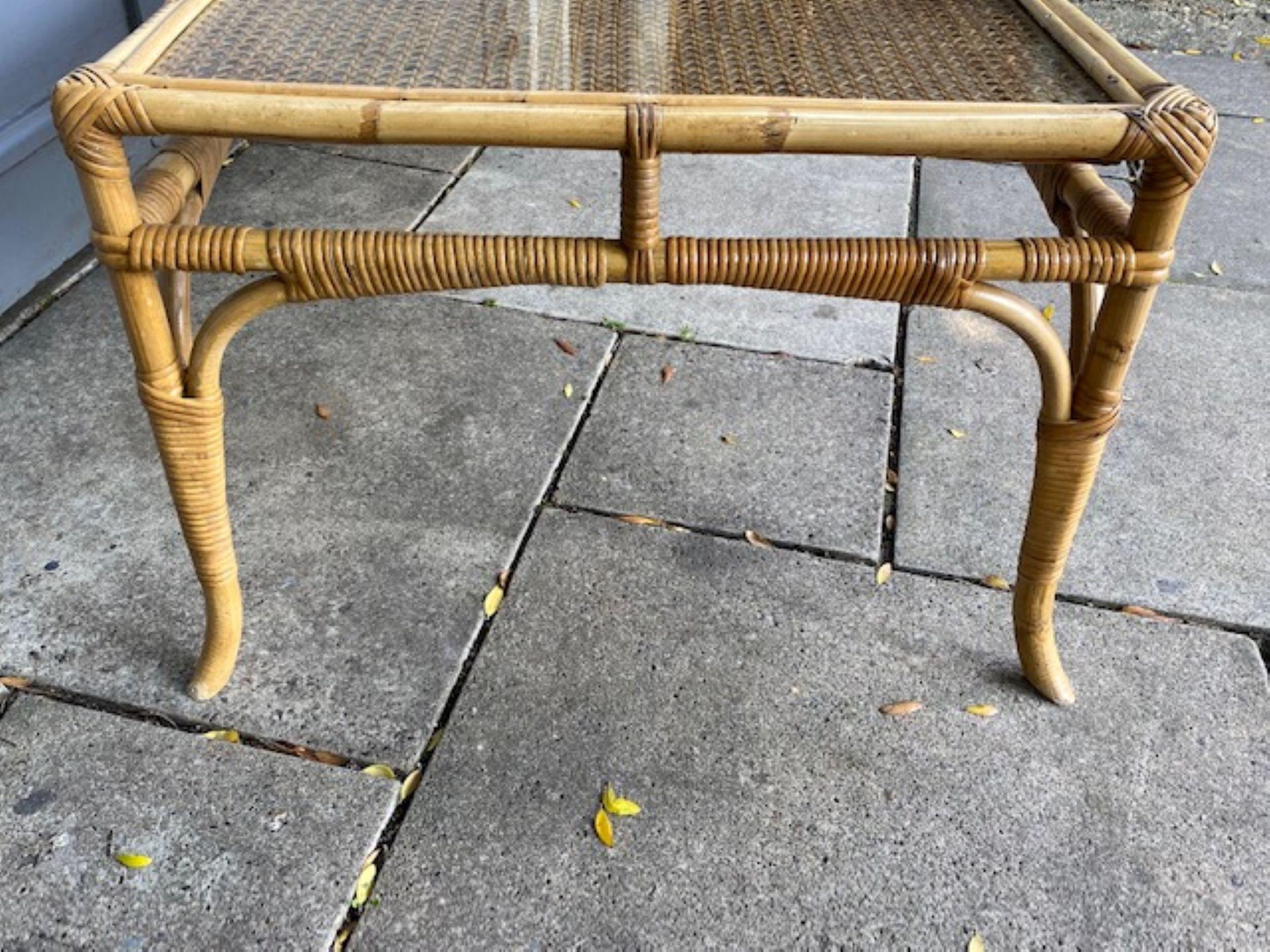 20th Century Mid Century Rattan and Bamboo Coffee Table with Glass Top, Italian, 1970 For Sale