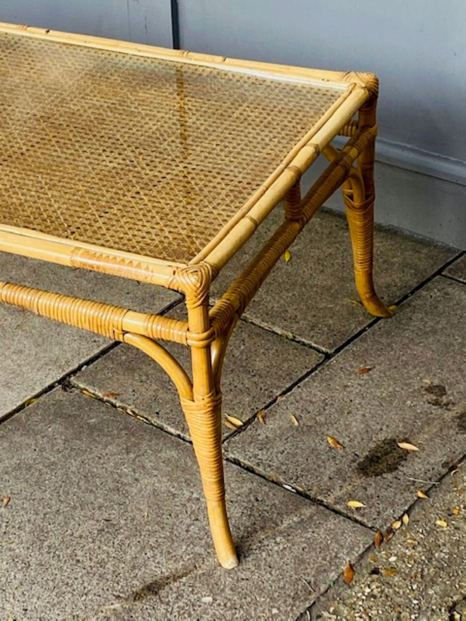 Mid Century Rattan and Bamboo Coffee Table with Glass Top, Italian, 1970 For Sale 2
