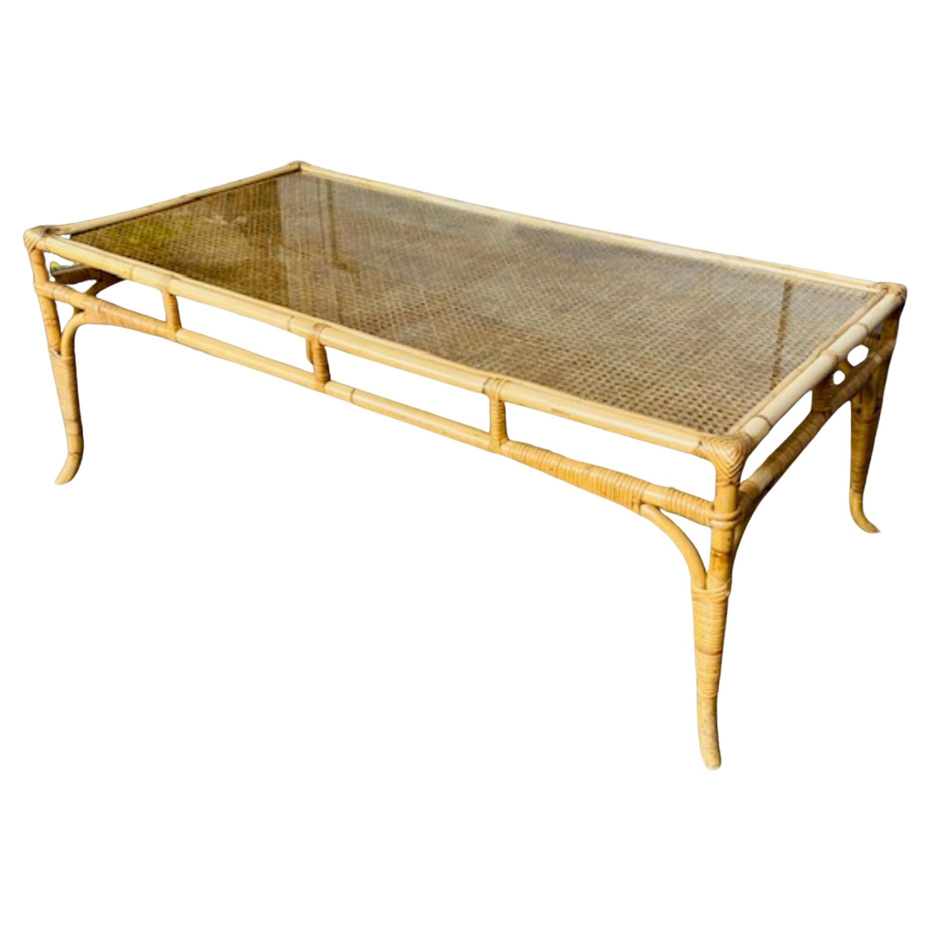 Mid Century Rattan and Bamboo Coffee Table with Glass Top, Italian, 1970 For Sale