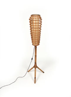 Midcentury Rattan and Bamboo Floor Lamp Franco Albini Style, Italy, 1960s