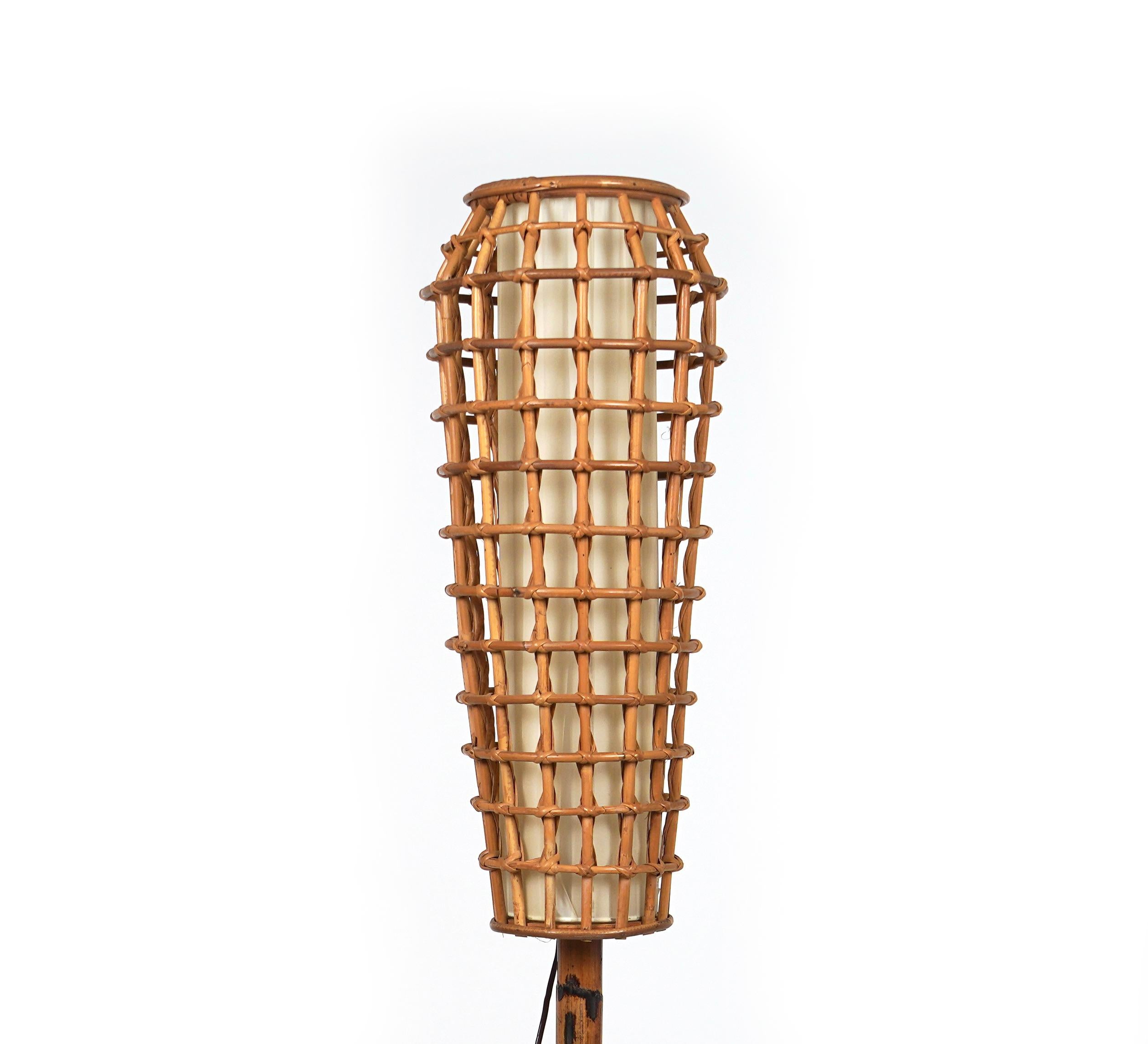 Italian Midcentury Rattan and Bamboo Floor Lamp Franco Albini Style, Italy, 1960s For Sale