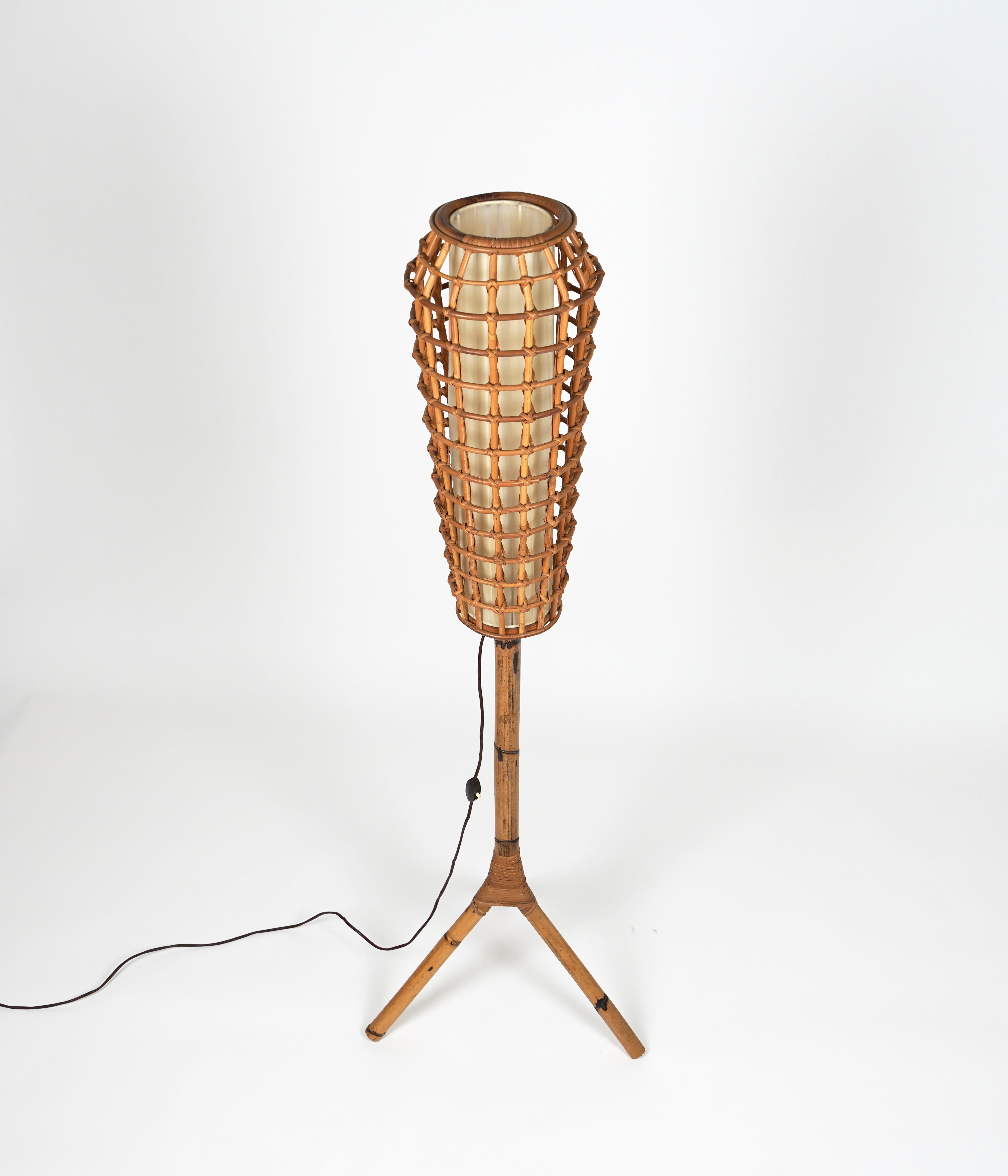 Mid-20th Century Midcentury Rattan and Bamboo Floor Lamp Franco Albini Style, Italy, 1960s For Sale
