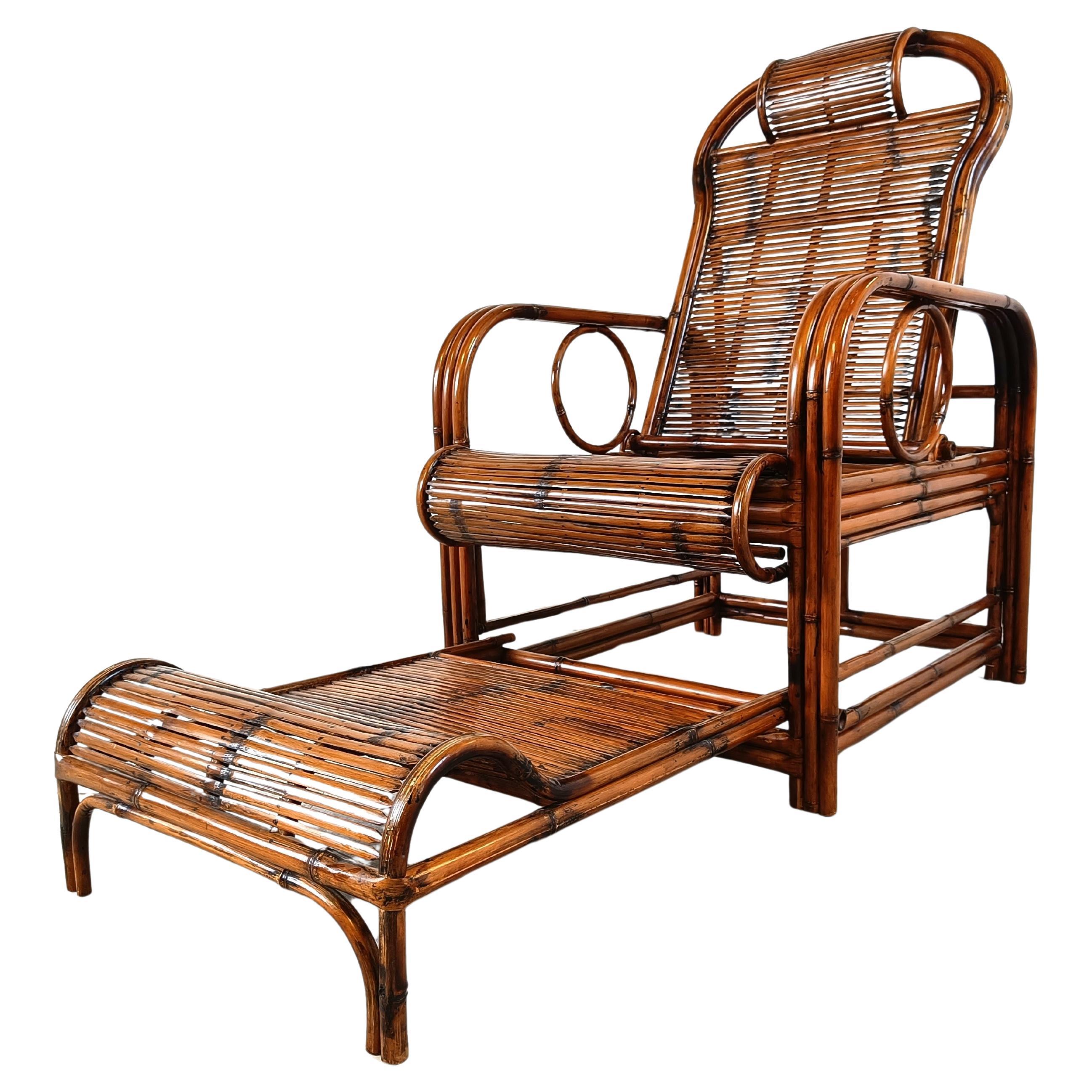 Chaise de jardin en rotin et bambou du milieu du siècle, années 1950