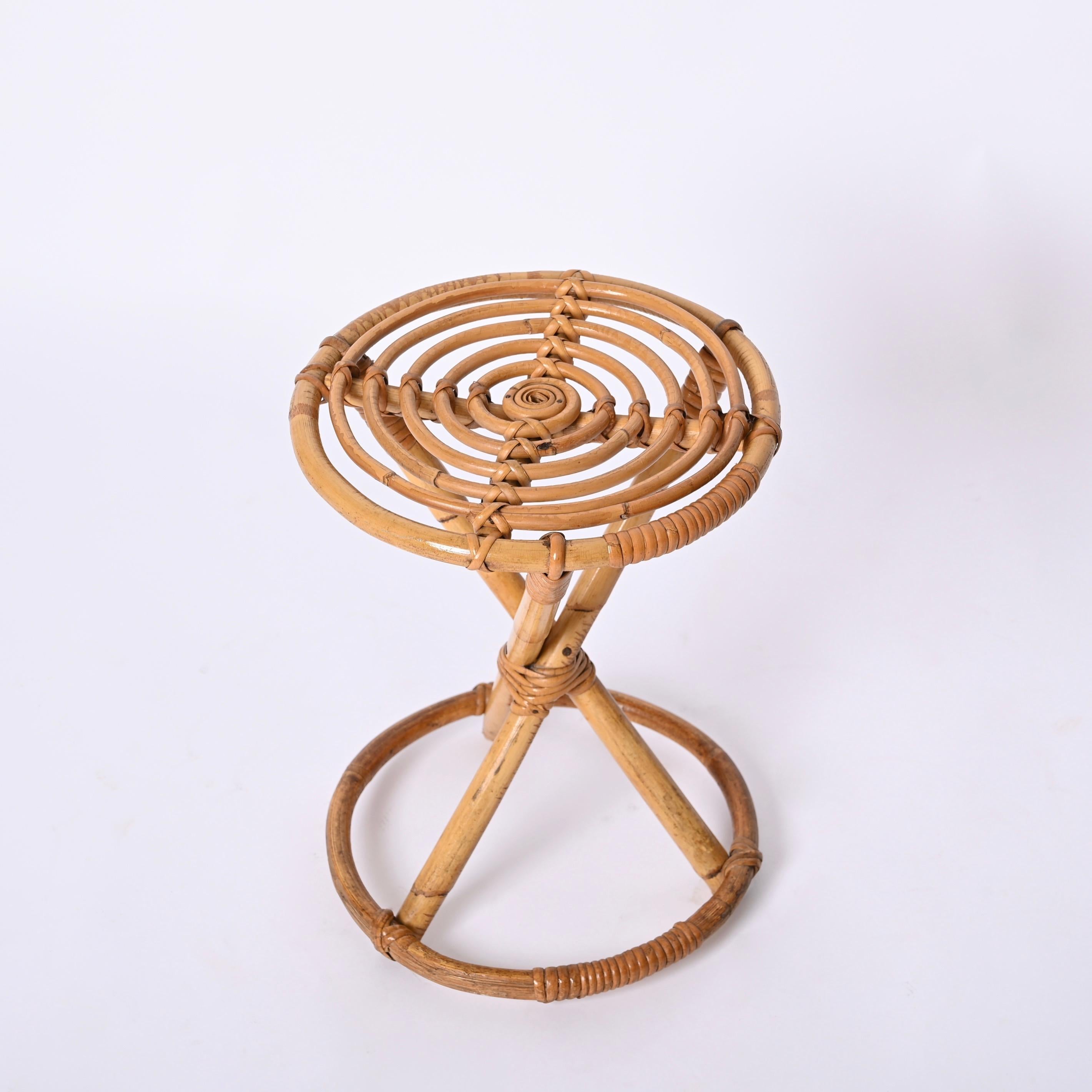 20th Century Mid-Century Rattan and Bamboo Italian Round Stool, 1960s For Sale