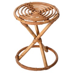 Tabouret rond italien en rotin et bambou du milieu du siècle, années 1960