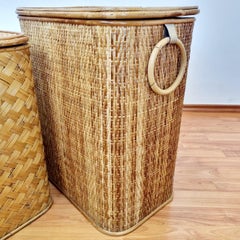 Mid Century Rattan and Bamboo Loundry Baskets, Italy 60s Pair