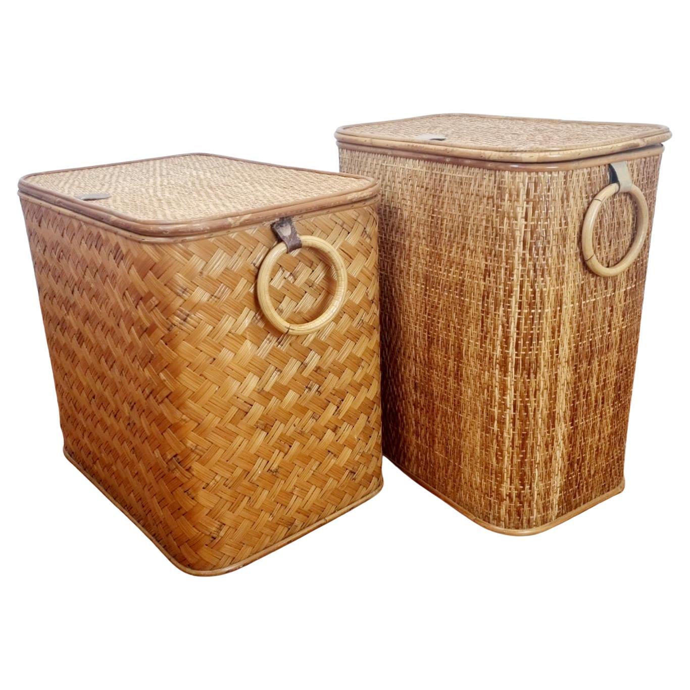 Mid Century Rattan and Bamboo Loundry Baskets, Italy 60s Pair