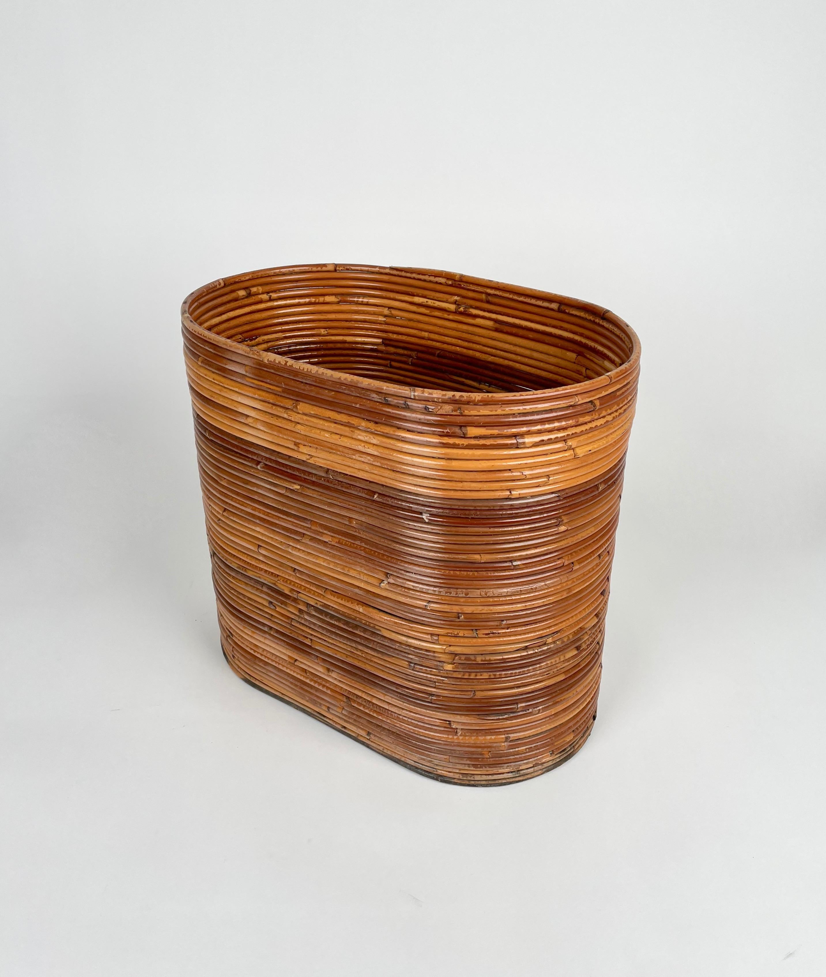Mid-Century Rattan and Bamboo Oval Basket Plant Holder Vase, Italy, 1960s 1
