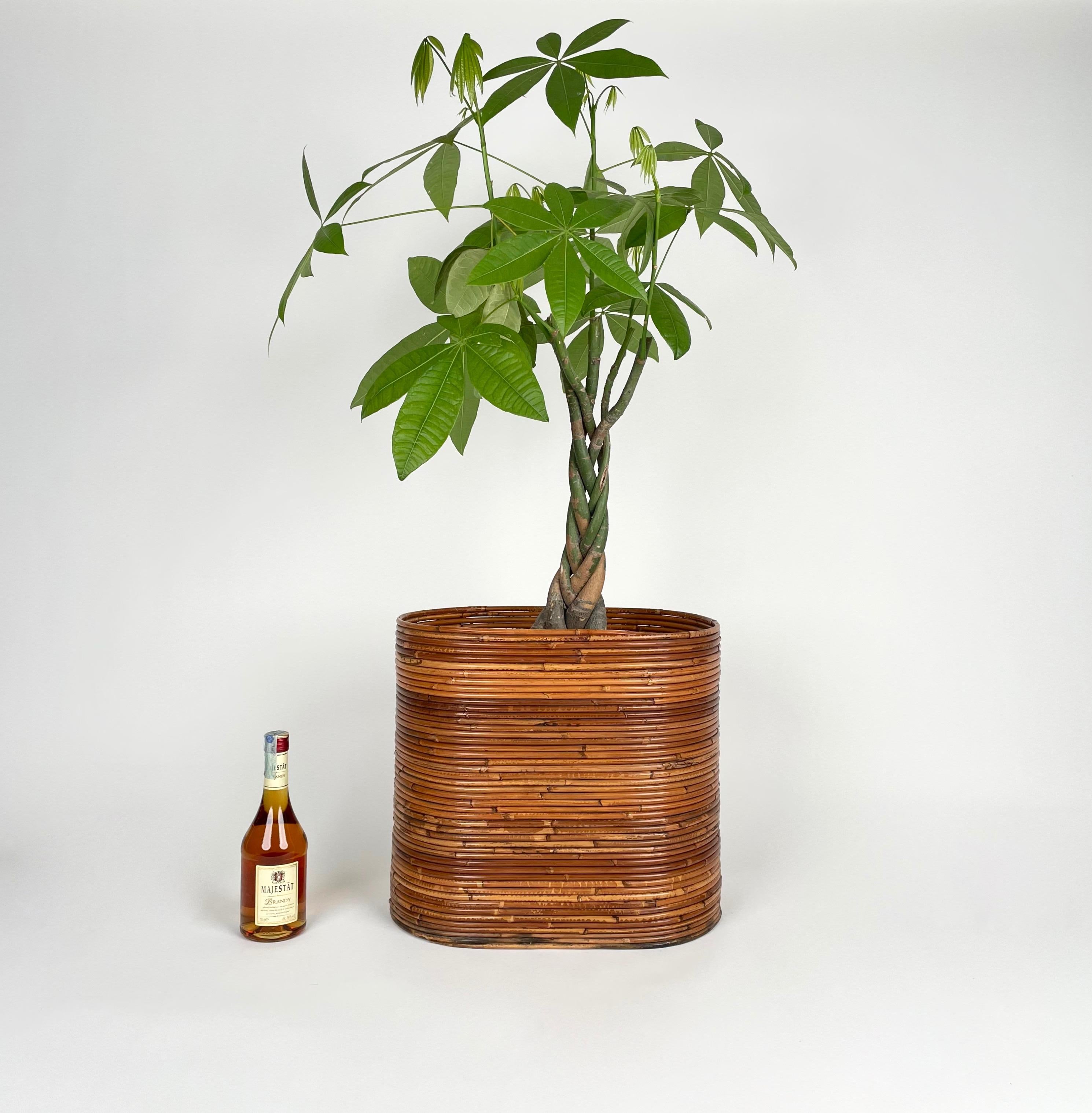 Mid-Century Rattan and Bamboo Oval Basket Plant Holder Vase, Italy, 1960s In Good Condition In Rome, IT