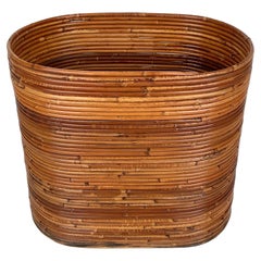 Vintage Mid-Century Rattan and Bamboo Oval Basket Plant Holder Vase, Italy, 1960s