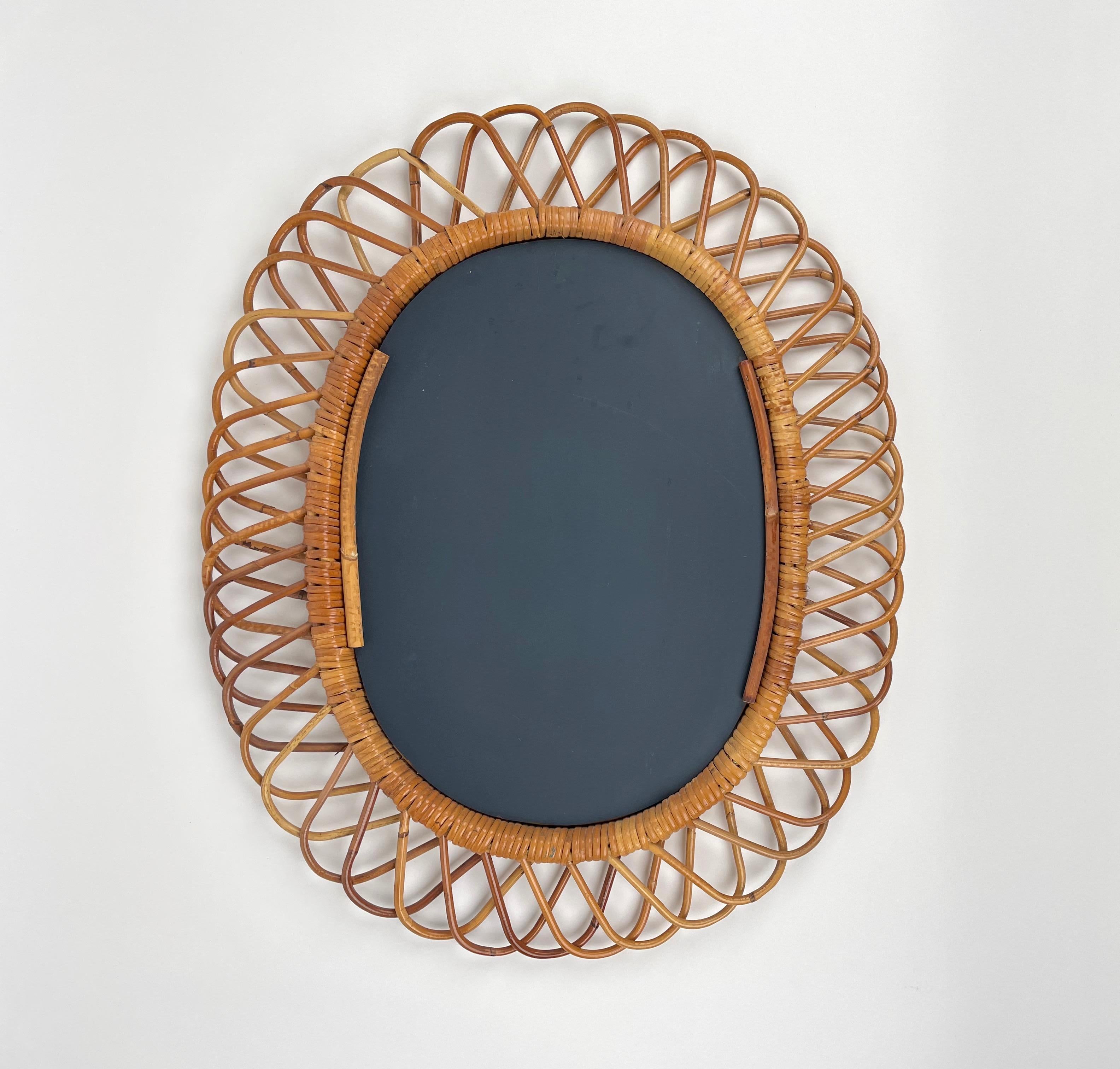 Mid-Century Rattan and Bamboo Oval Wall Mirror, Italy 1960s 4