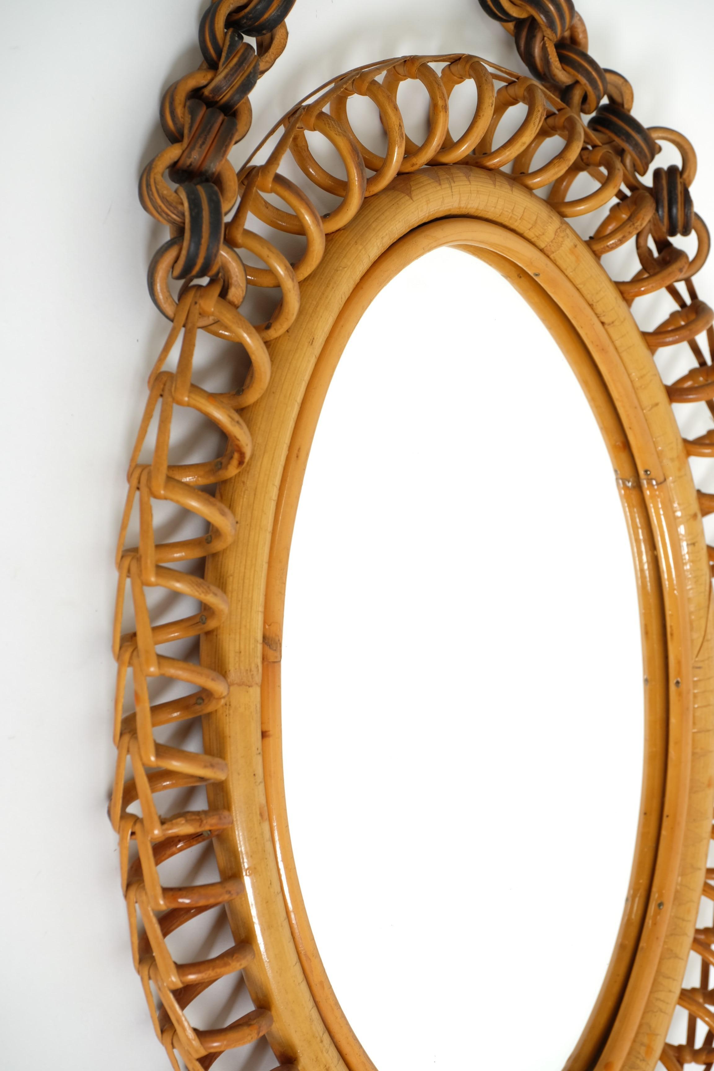 Mid-Century Oval Rattan and Bamboo Wall Mirror Franco Albini Style, Italy 1960s For Sale 4