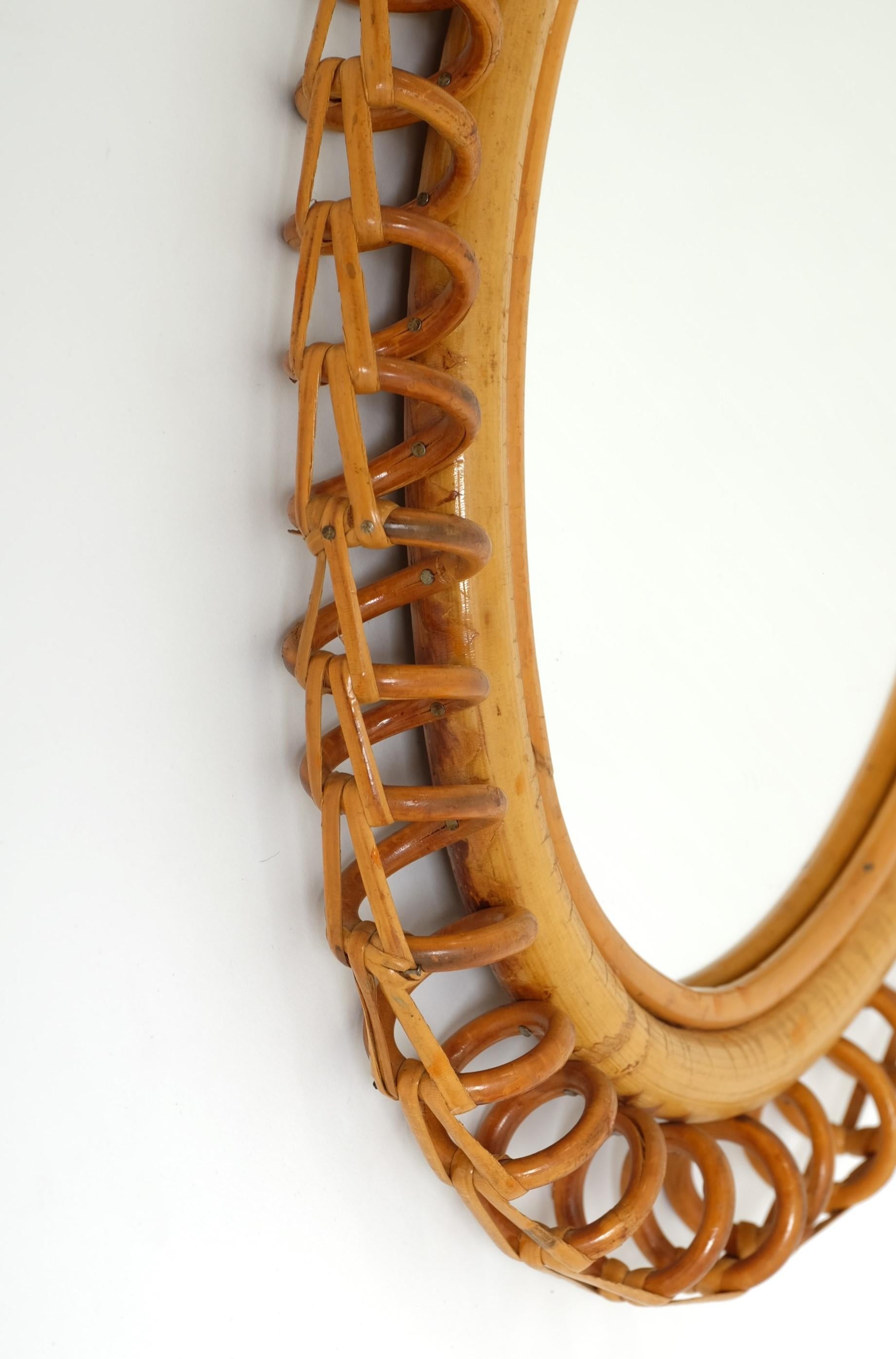 Mid-Century Oval Rattan and Bamboo Wall Mirror Franco Albini Style, Italy 1960s For Sale 5