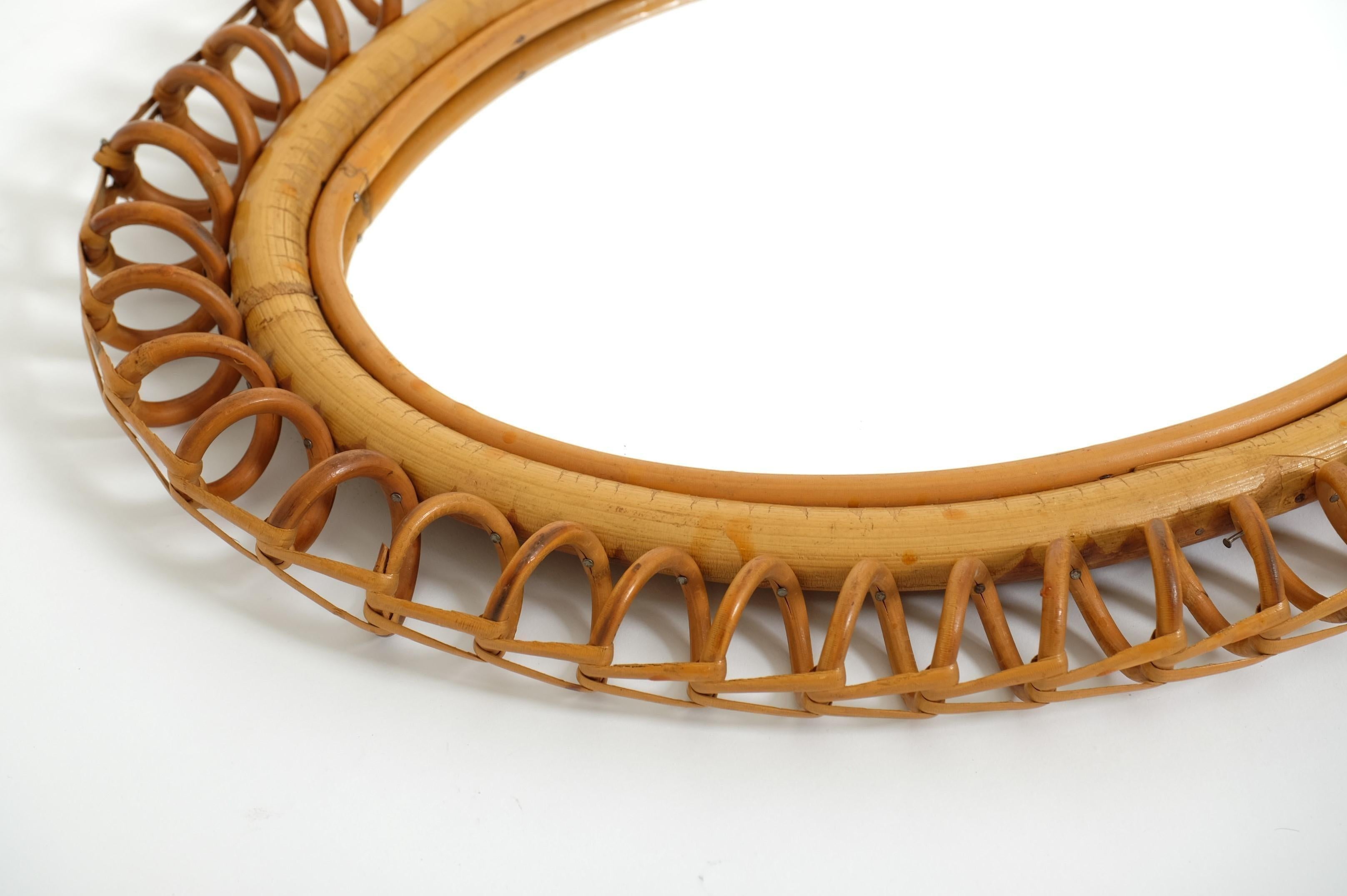 Mid-Century Oval Rattan and Bamboo Wall Mirror Franco Albini Style, Italy 1960s For Sale 6