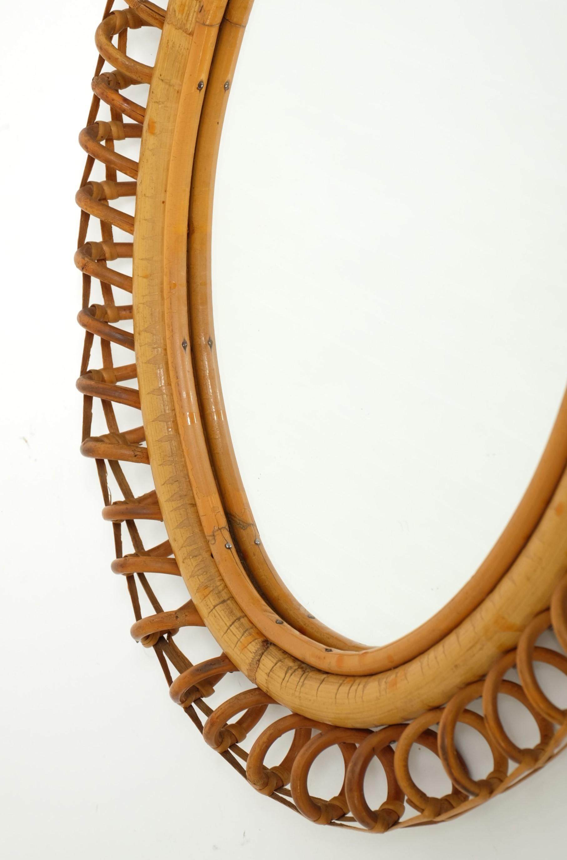 Mid-Century Oval Rattan and Bamboo Wall Mirror Franco Albini Style, Italy 1960s For Sale 7