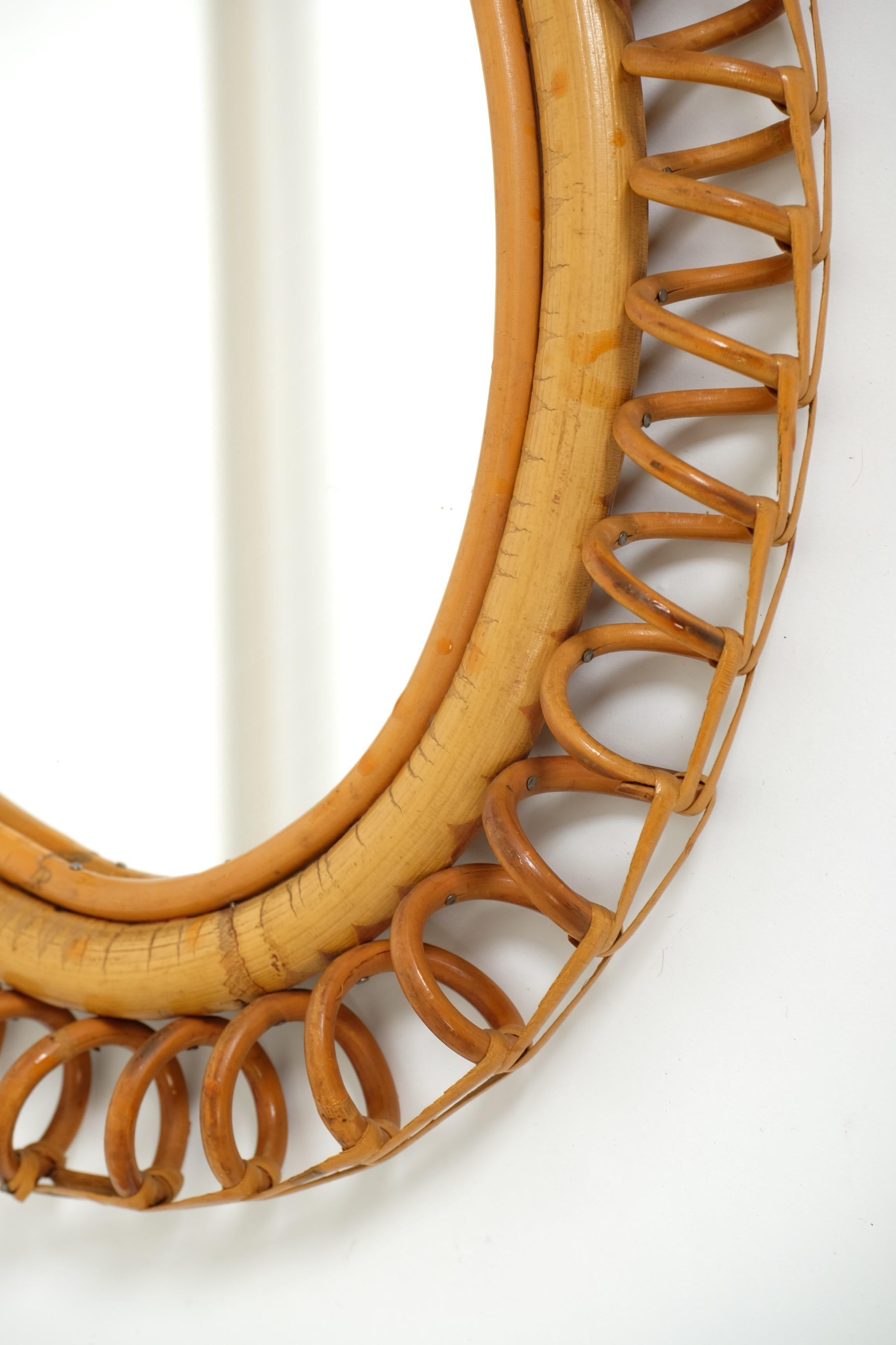 Mid-Century Oval Rattan and Bamboo Wall Mirror Franco Albini Style, Italy 1960s For Sale 8